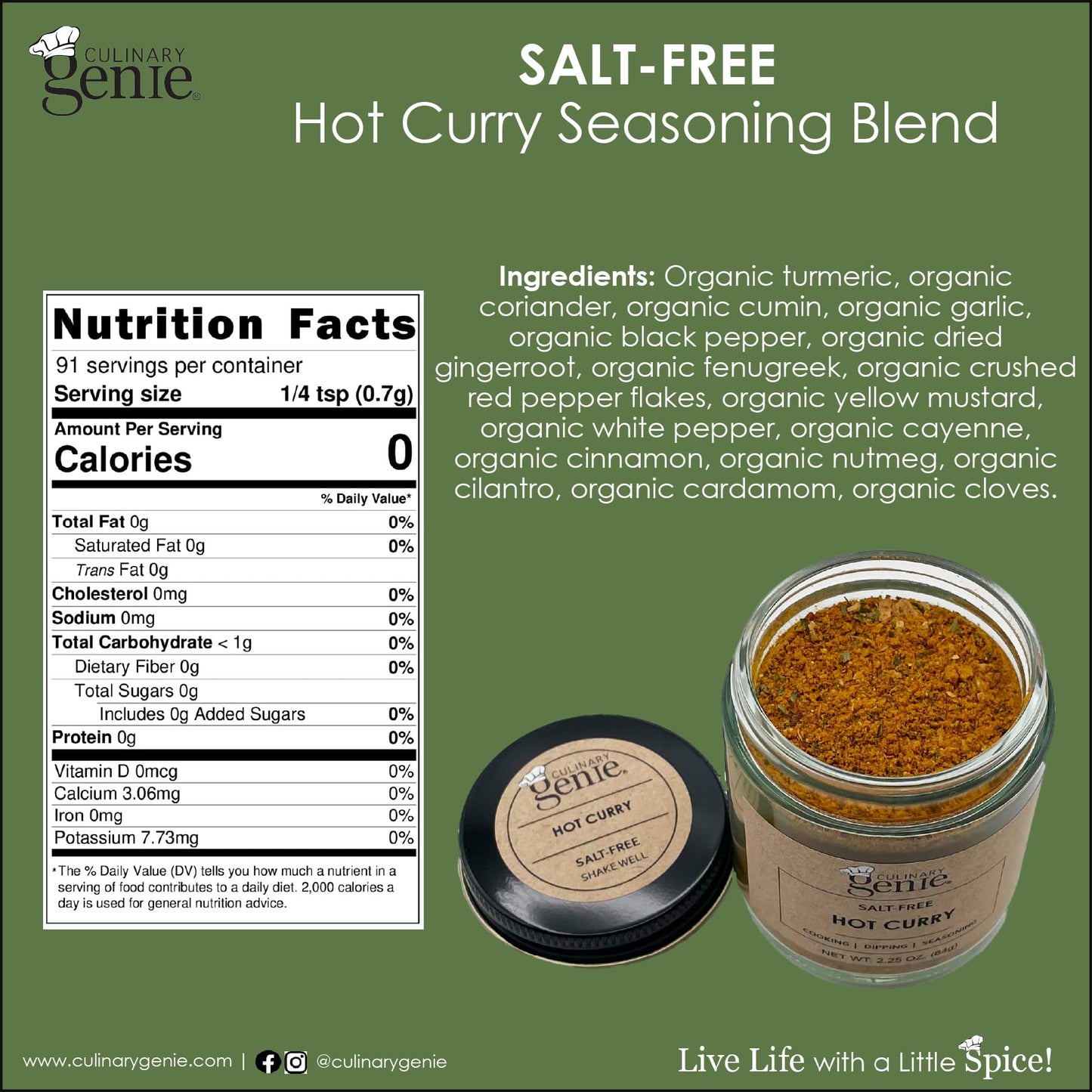 Culinary Genie Salt-Free Hot Curry Seasoning Blend - Classic Thai Yellow Curry with Ginger & Chile, No Salt Added