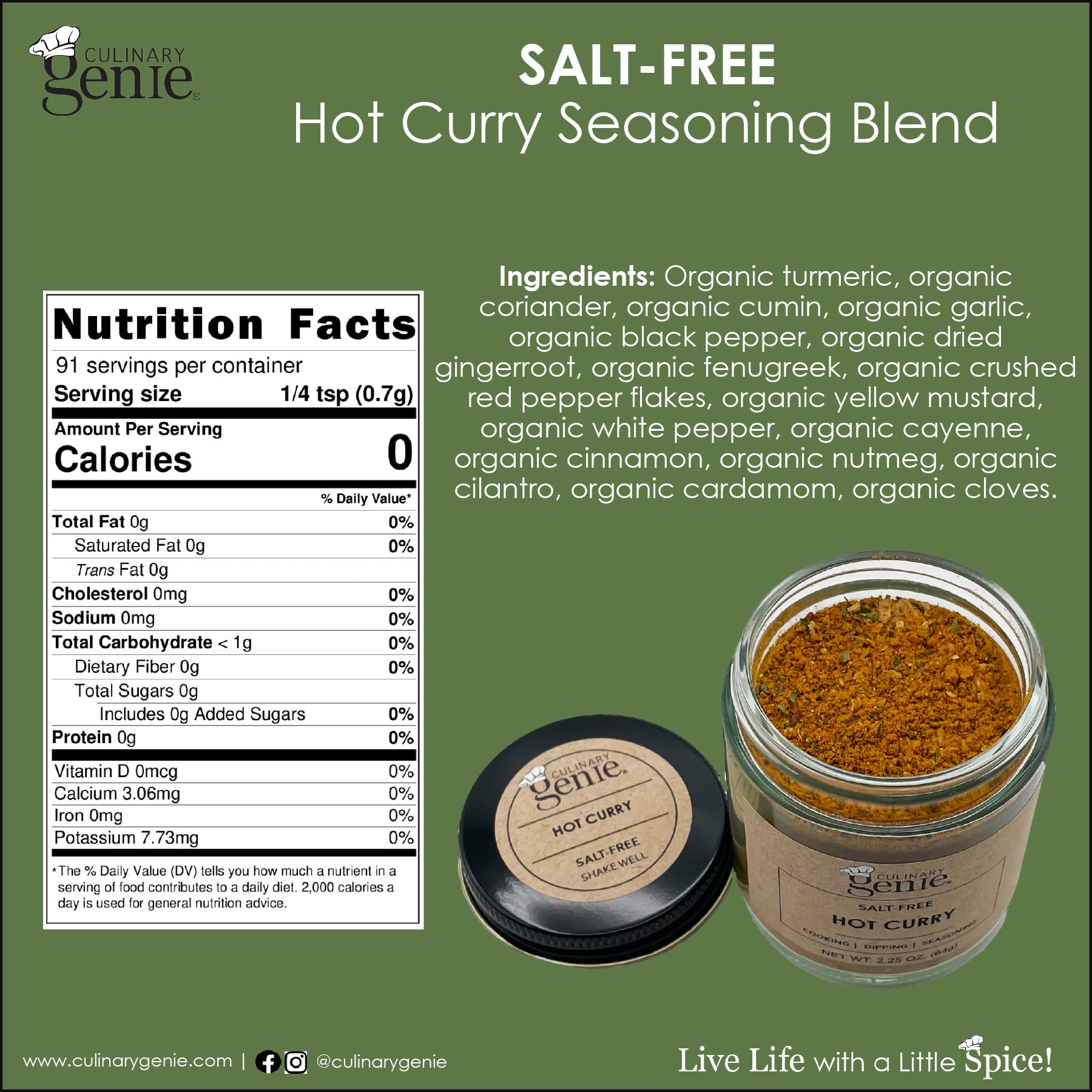 Culinary Genie Salt-Free Hot Curry Seasoning Blend - Classic Thai Yellow Curry with Ginger & Chile, No Salt Added