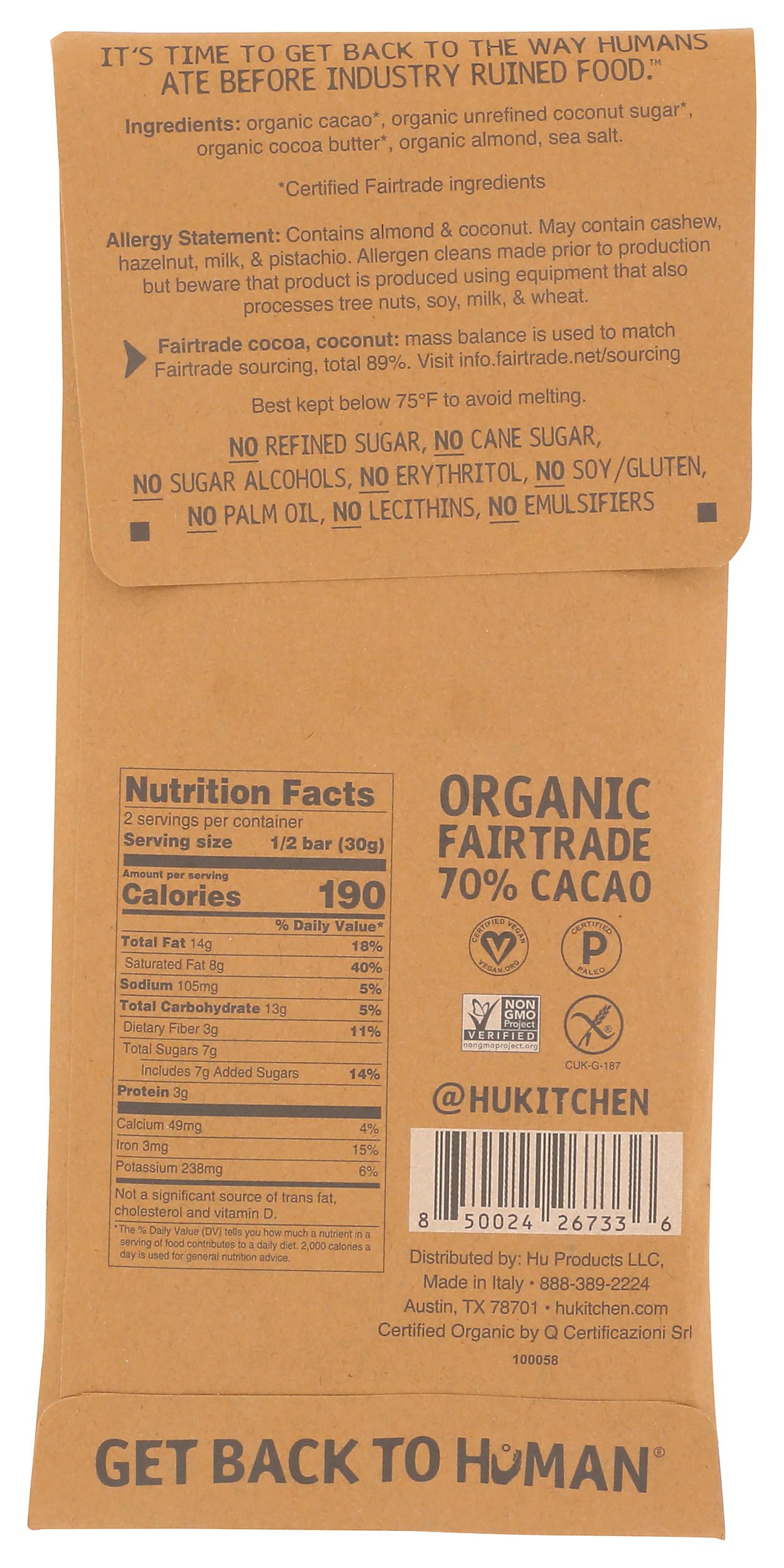 Hu Kitchen Organic Almond Crunch Dark Chocolate Bar, 2.1 OZ