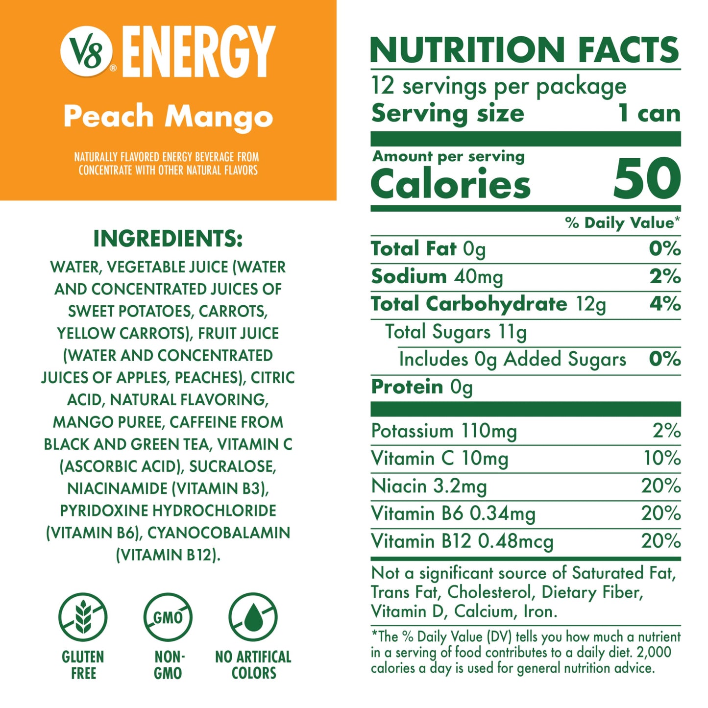 V8 Energy Peach Mango Energy Drink, 8 fl oz Can (12 Pack)
