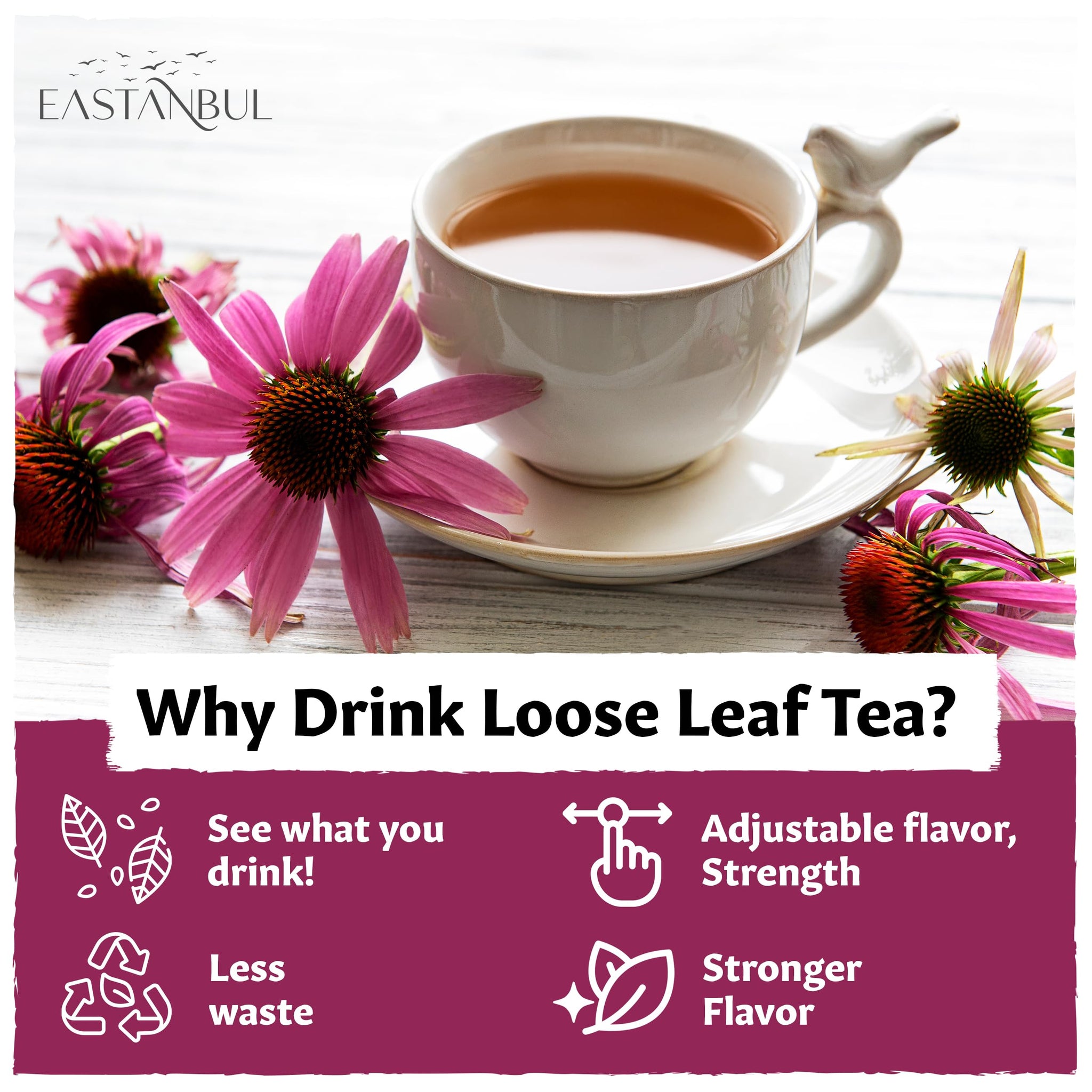 Eastanbul Echinacea Purpurea, 4.2oz Dried Echinacea Flowers & Leaves, Loose Leaf Whole Equinacea Herb, Premium Quality, Herbal Tea & Infusion