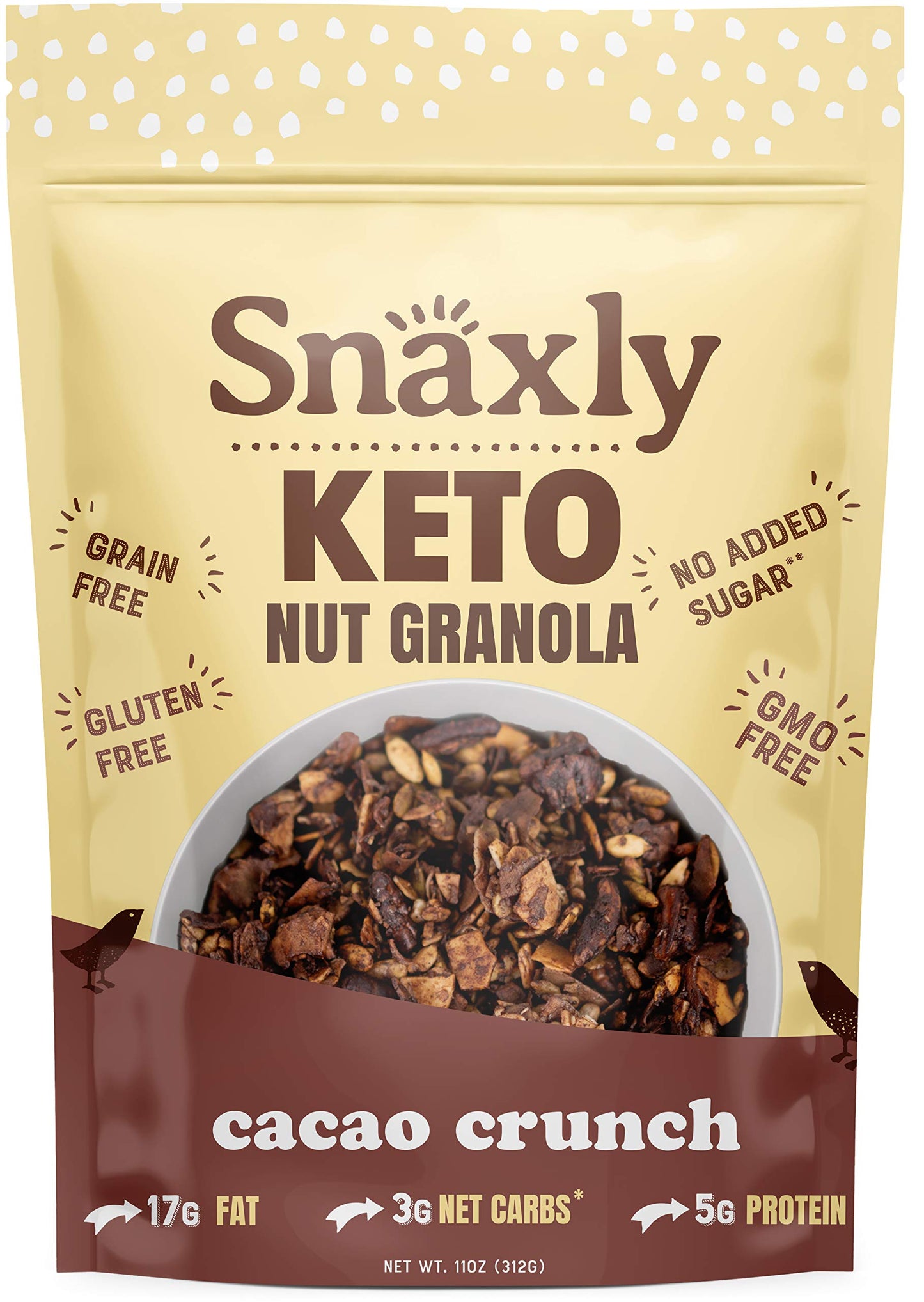 Snaxly - Keto Cacao Crunch Nut Granola Breakfast Cereal - 3g Net Carbs - Gluten & Grain Free - Low Carb Snacks & Food - No Added Sugar - Healthy Nuts