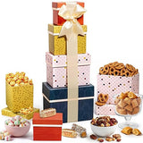 Broadway Basketeers Tower Snack Gift Basket - Gourmet Basket Gifts for Family, Friends & Groups - Sweet & Savory Large Gift Basket with Cookies