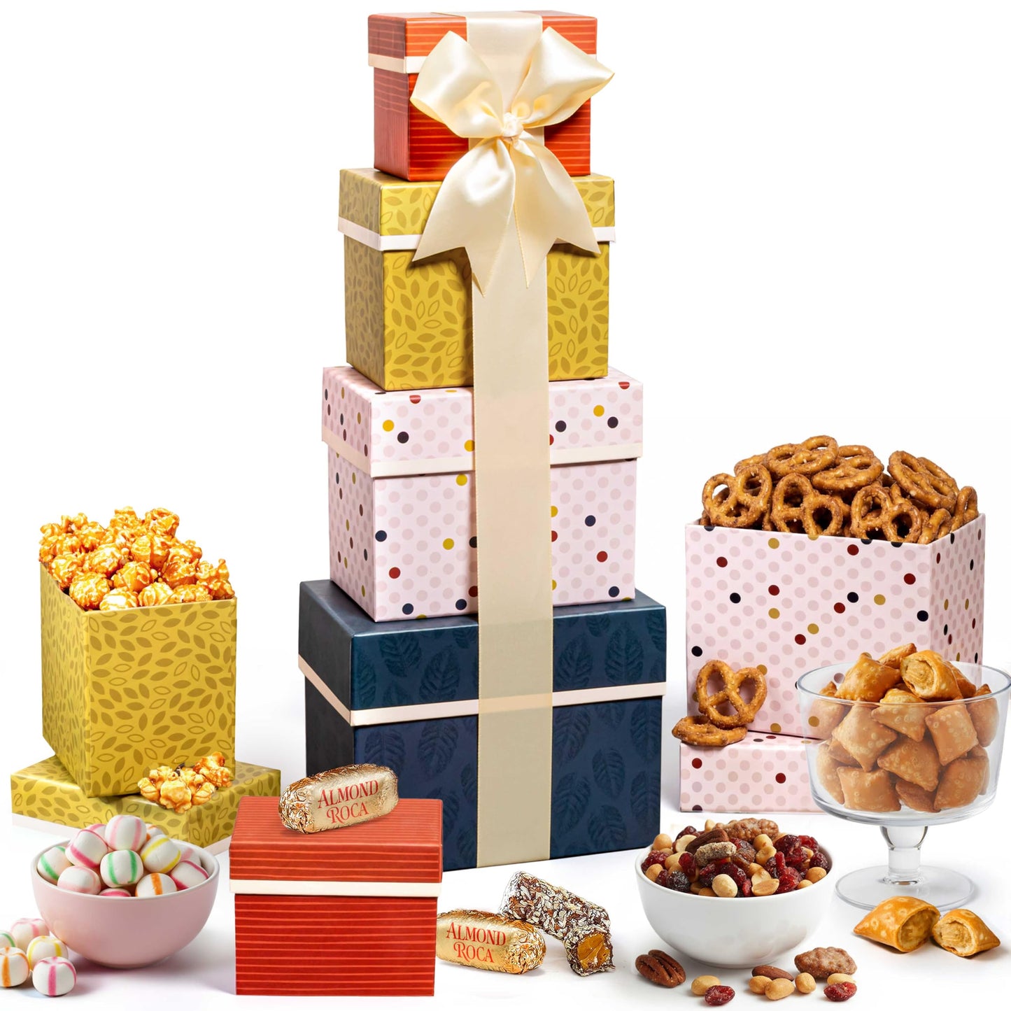 Broadway Basketeers Tower Snack Gift Basket - Gourmet Basket Gifts for Family, Friends & Groups - Sweet & Savory Large Gift Basket with Cookies