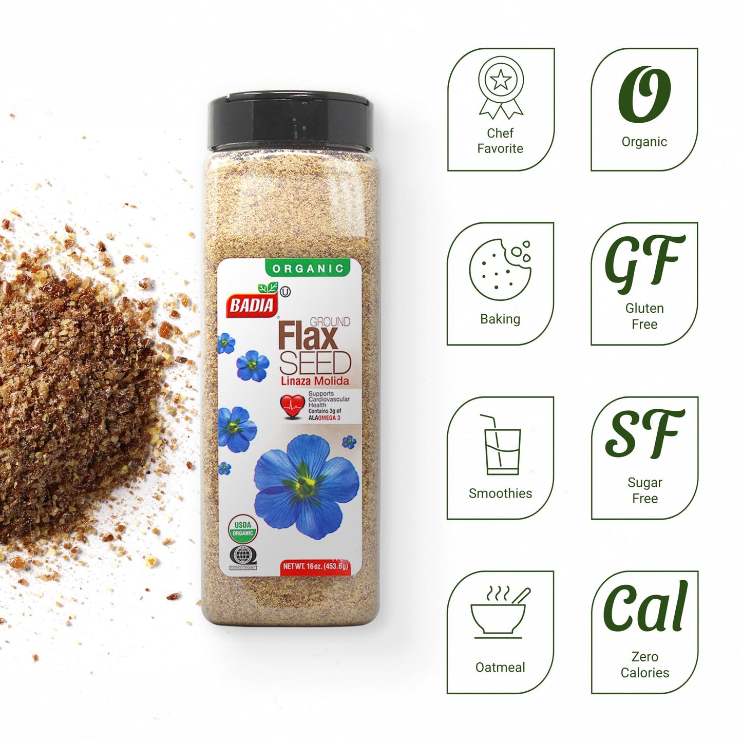 Badia Organic Ground Flax Seed, 16 oz - Superfood High in Fiber & Omega-3, Certified Organic, Non-GMO, Baking, Smoothies & Cooking