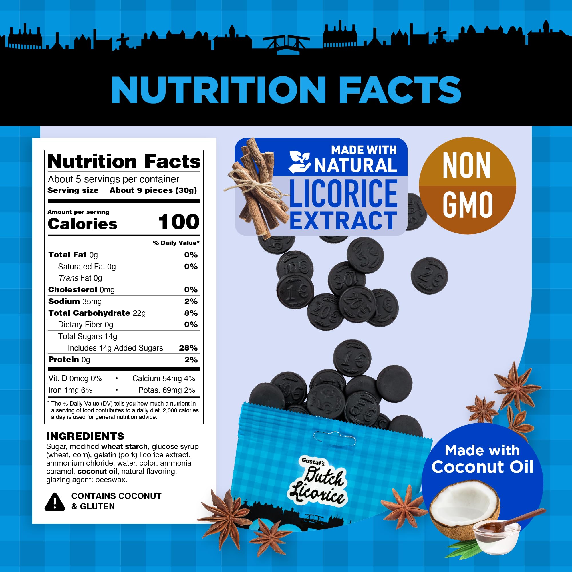 Gustaf's Salted Dutch Licorice Coins - 5.2oz Bag - Salted Black Licorice Coins - Dutch Candy from Netherlands - Salty Black Liquorice Treats