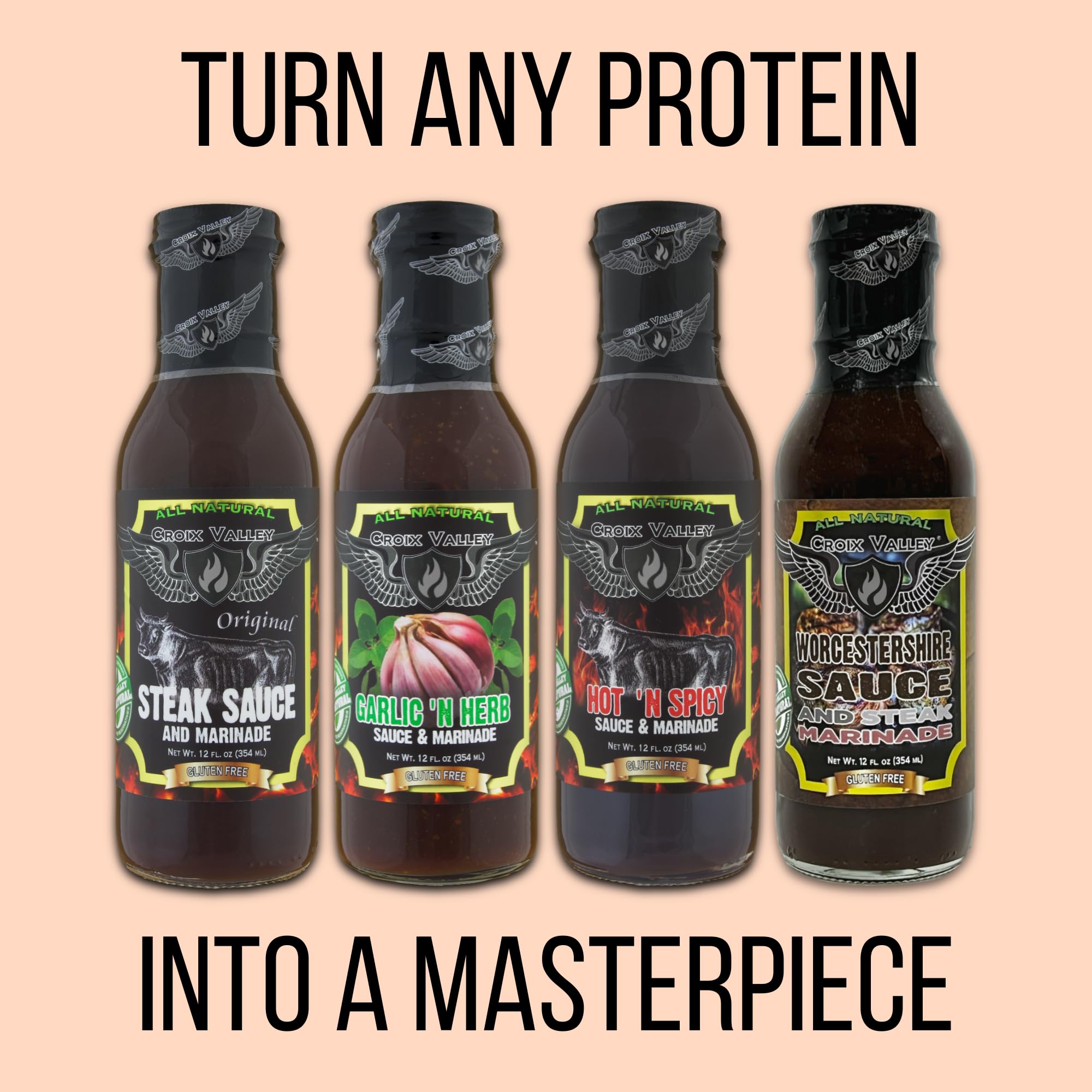 Croix Valley Sauce & Marinade Variety Pack - 4 Pack (12 oz Glass Bottles) - Steak Sauce, Worcestershire, Garlic Herb & Spicy BBQ Marinade