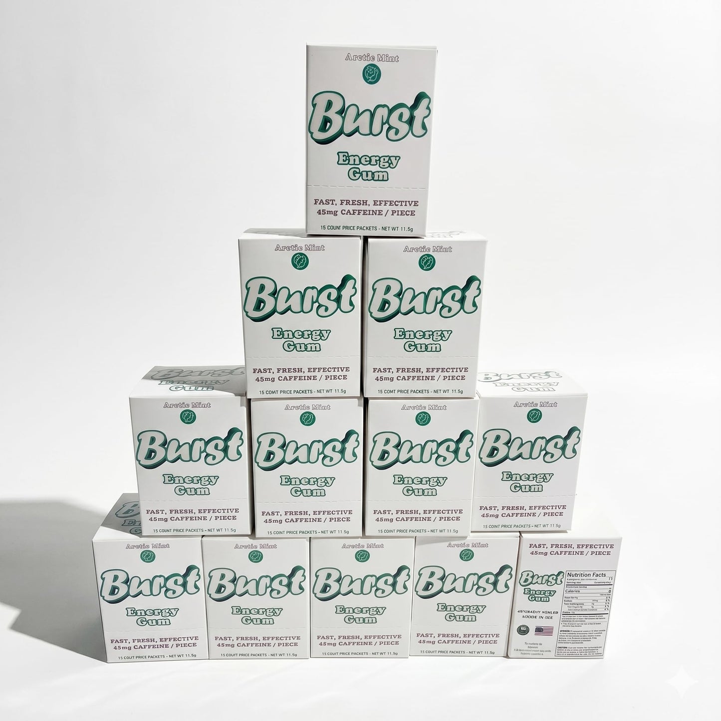 Burst Energy Gum - 45mg Caffeine Per Piece, Focus & Energy Burst, Arctic Mint 12 Box-15 Packs of 8 (1440 Pieces), Manage Stress, Functional Gum