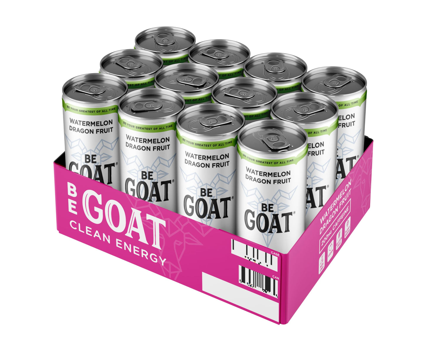 BeGOAT Clean Energy | Watermelon Dragonfruit | 6 Ingredients, Plant-Based, Non-GMO, Vegan | 200mg Natural Caffeine | 12 fl oz Cans (Pack of 12)