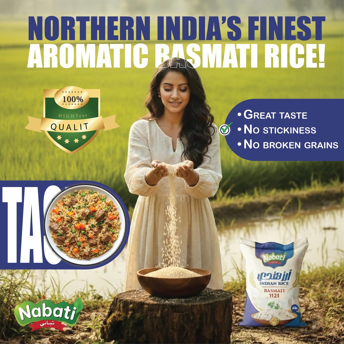 Nabati Pure Basmati 1121 Indian Rice, Premium Aromatic and Authentic Rice, Large Resealable Bag, 10 Pound Bag, White