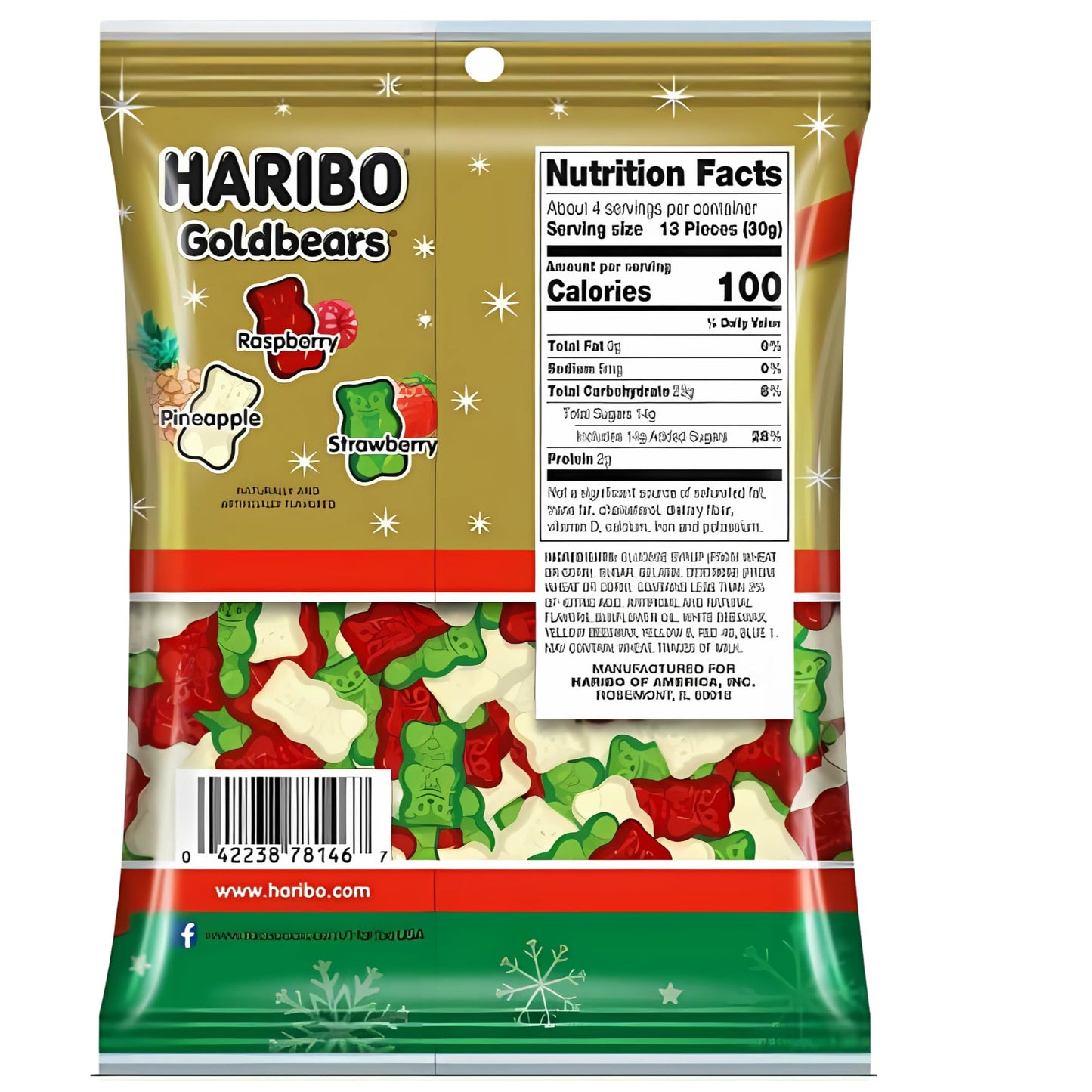 Haribo Christmas Gummy Bears, Fruit Flavored Red White and Green Chewy Candies, Festive Stocking Stuffer Gift, 4 Ounces (Pack of 4)