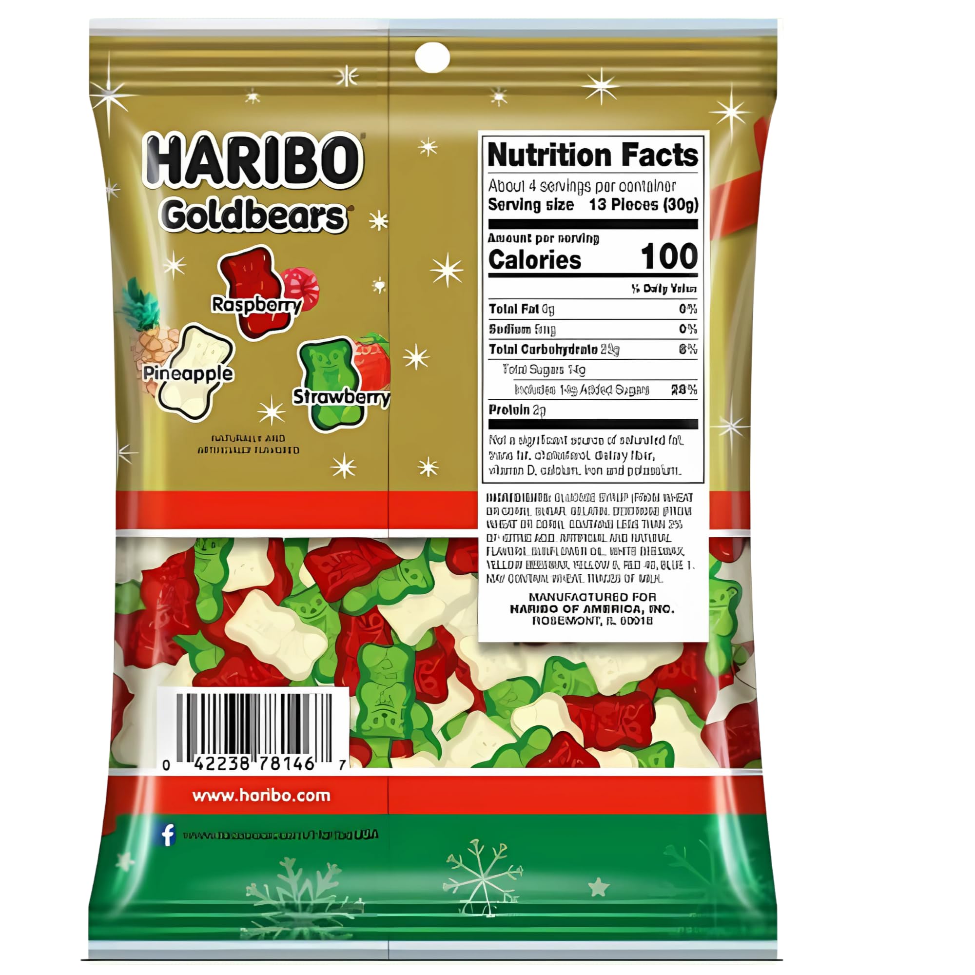 Haribo Christmas Gummy Bears, Fruit Flavored Red White and Green Chewy Candies, Festive Stocking Stuffer Gift, 4 Ounces (Pack of 4)