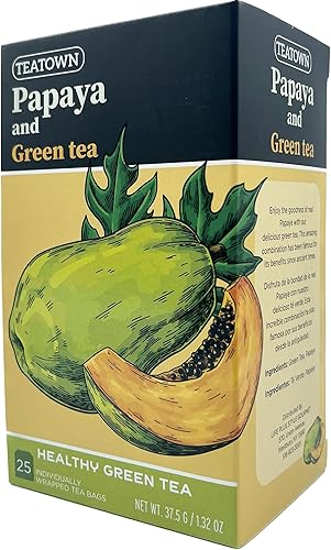 Premium Caffeinated Ceylon Papaya Green Tea Bags: 25 Count Individually Wrapped Teabags All-Natural Exotic Fruit Essence & Aroma Hot or Iced Tea Brew