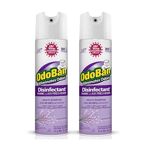 OdoBan Ready-to-Use 360-Degree Continuous Spray Disinfectant and Harsh Aroma Eliminator, Fabric and Air Freshener, 2 Pack, 14.6 Ounces Each, Lavender