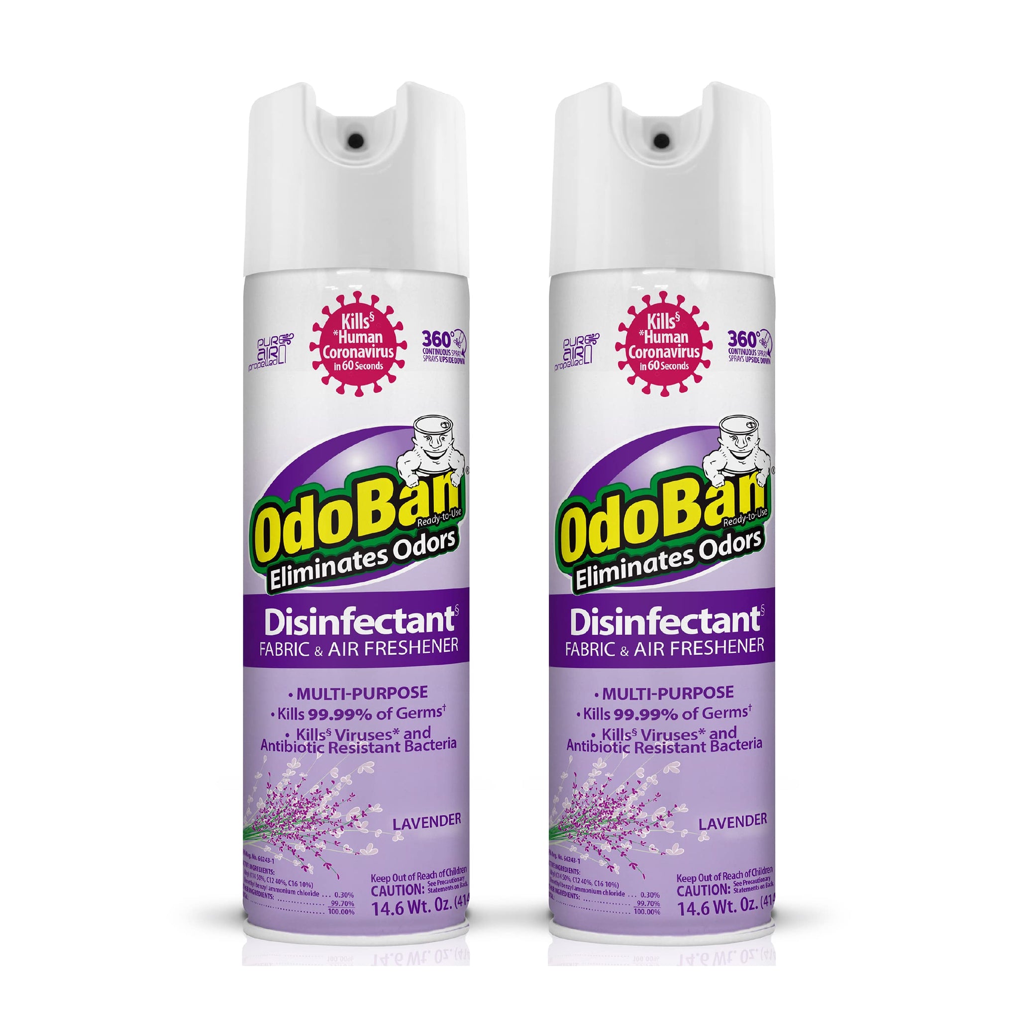 OdoBan Ready-to-Use 360-Degree Continuous Spray Disinfectant and Harsh Aroma Eliminator, Fabric and Air Freshener, 2 Pack, 14.6 Ounces Each, Lavender