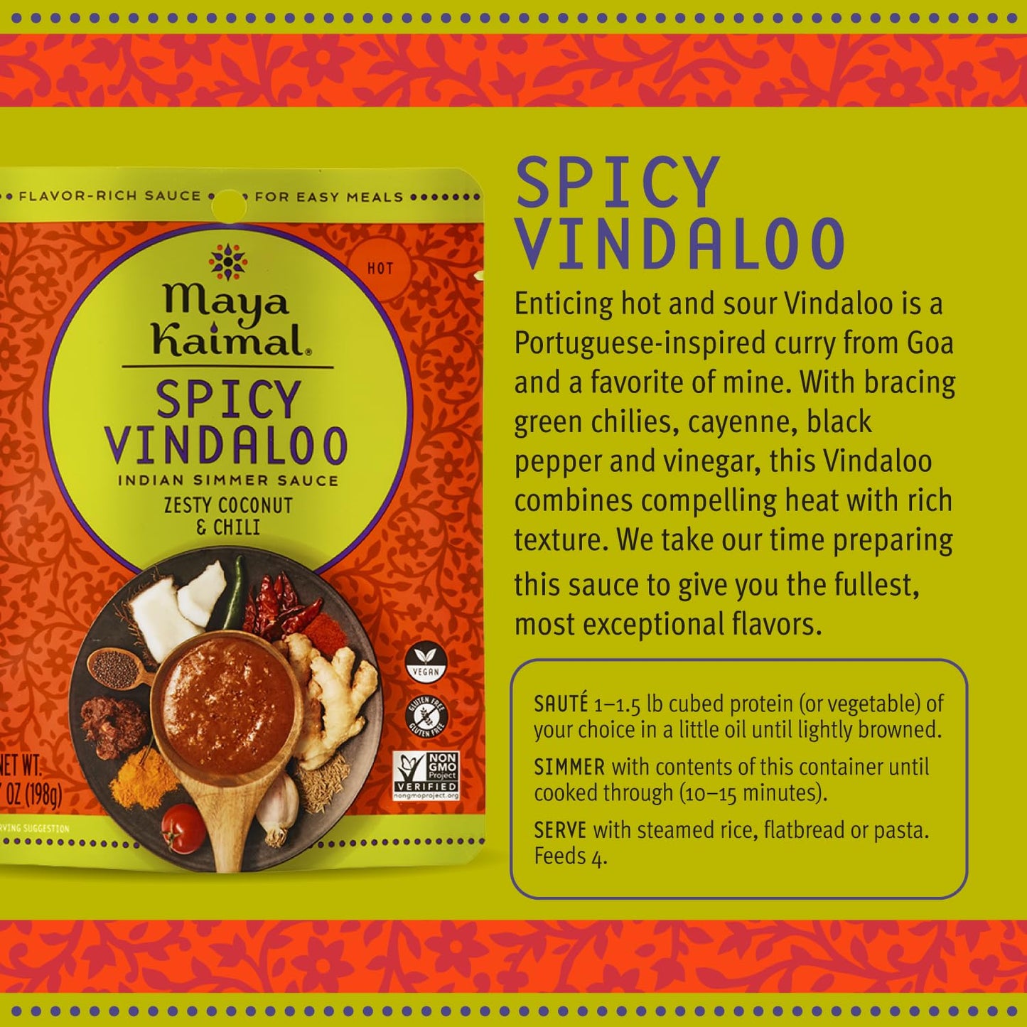 MAYA KAIMAL Spicy Vindaloo Simmer Sauce | 7oz Easy Pour Pouch | Spicy Indian Simmer Sauce with Zesty Coconut and Chili, Vegan, Gluten Free,