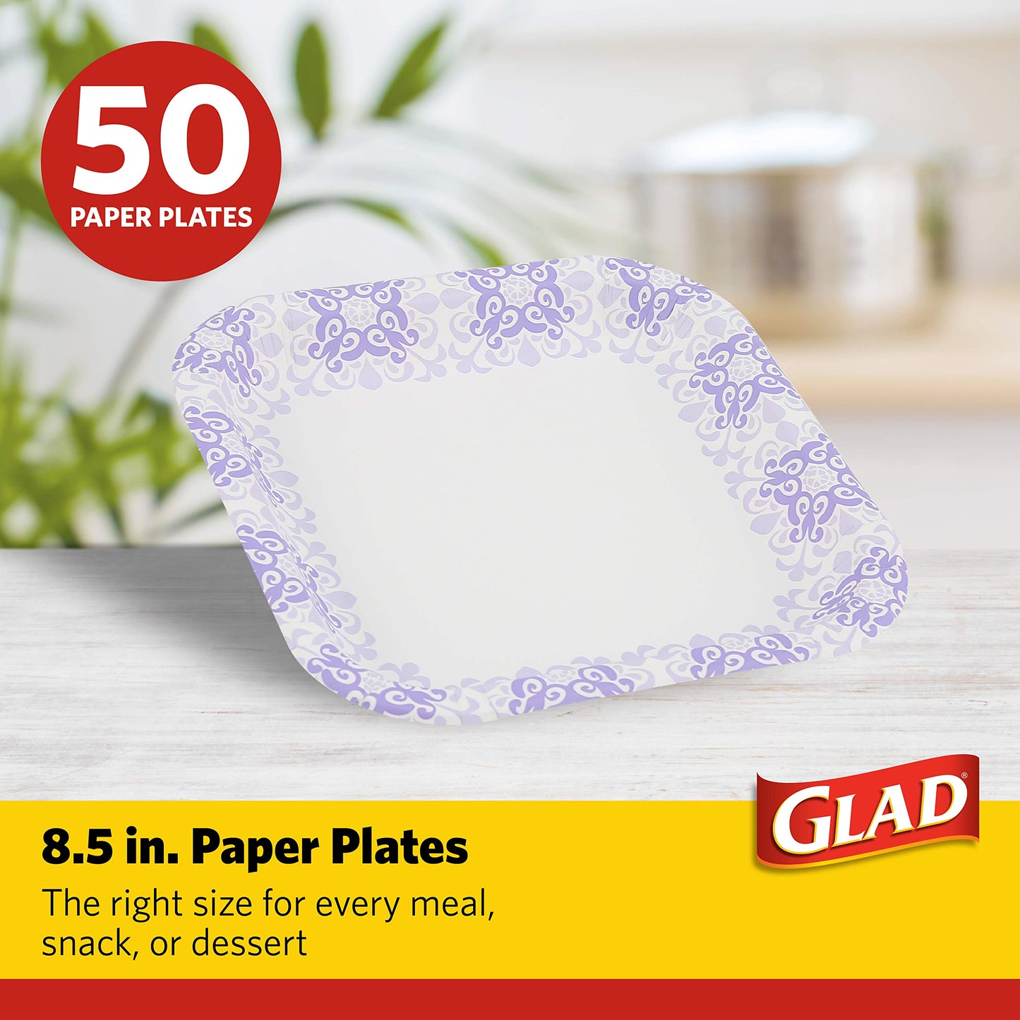 Glad Square Disposable Paper Plates for All Occasions | Soak Proof, Cut Proof, Microwaveable Heavy Duty Disposable Plates | 8.5" Diameter, 50 Count
