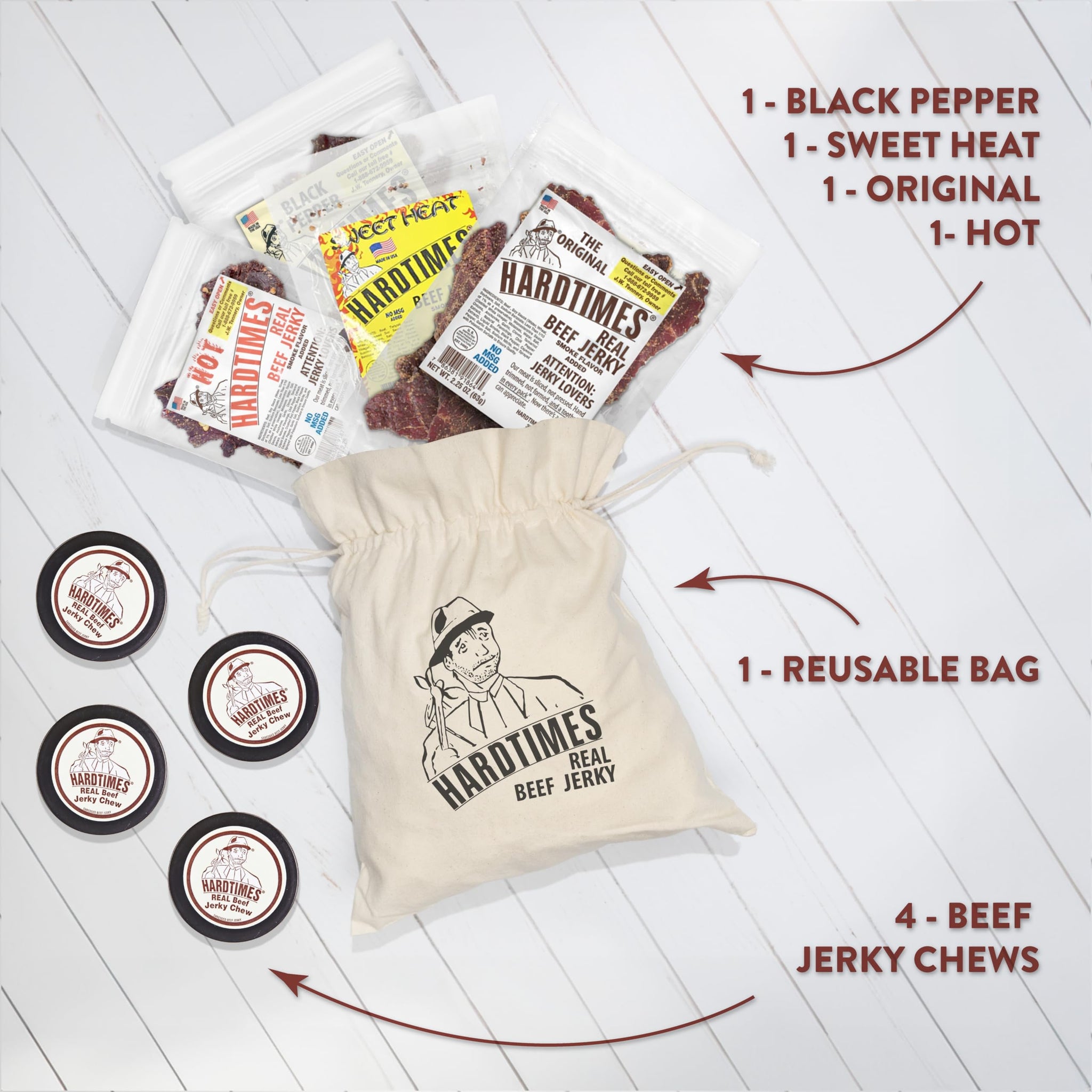 Hardtimes Beef Jerky - Variety, Specialty Gift Bag - Great Gift for Father's Day, Holiday, & Birthday - 5 Pack of 2.25 oz Bags Original, Black Pepper
