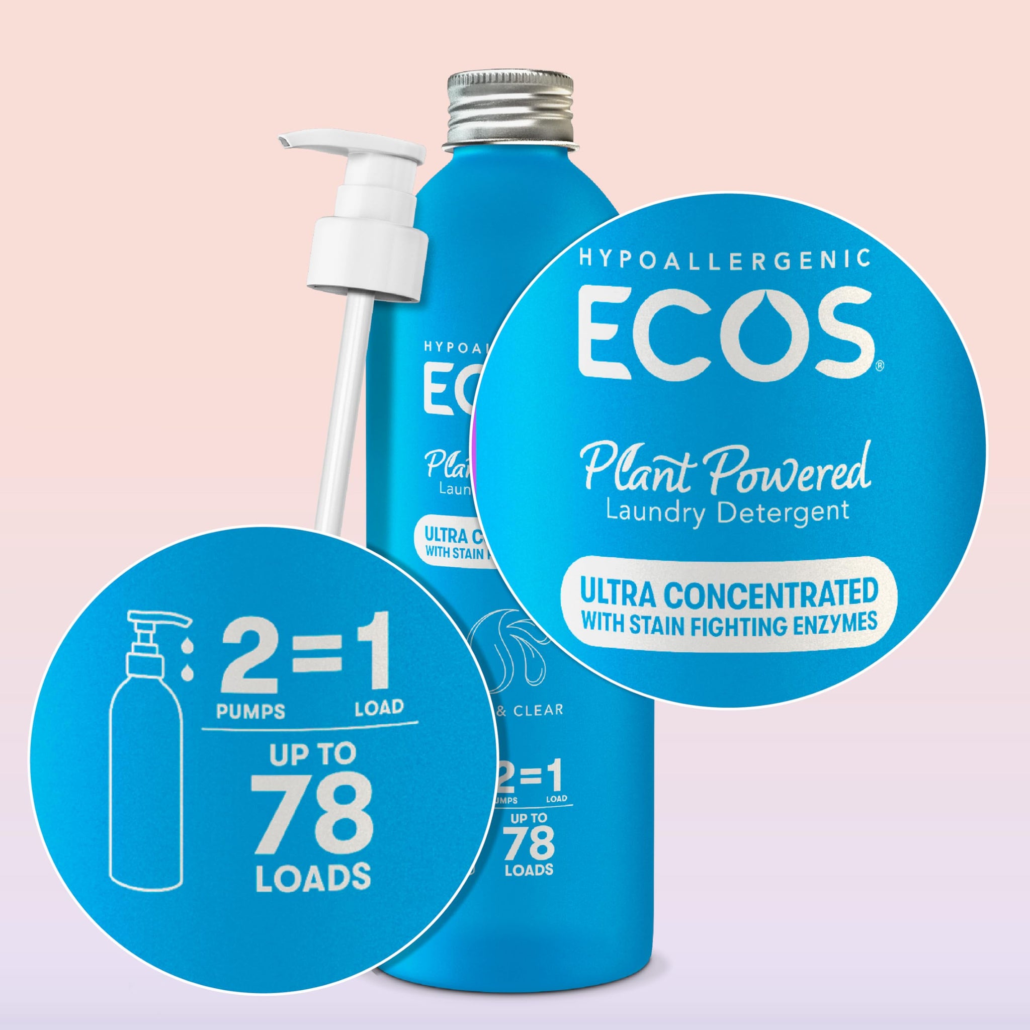 ECOS Ultra Concentrated Liquid Laundry Detergent, Sustainable Aluminum Bottle, Up to 78 Washer Loads - Hypoallergenic Laundry Soap - High Efficiency