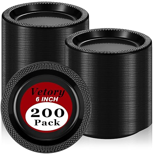 Vetory 200pcs Heavy Duty Round Dinner Party Plates - Disposable Black Plastic Plates for Birthday Party, Buffet, Travel, Picnic