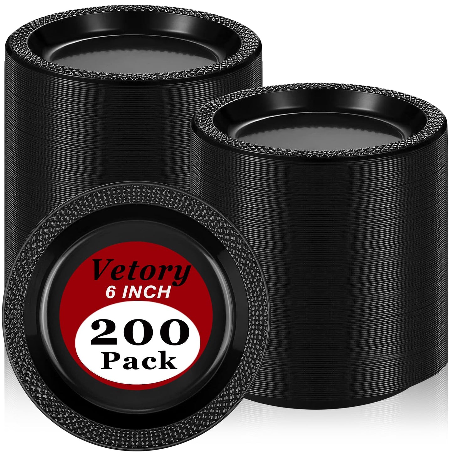 Vetory 200pcs Heavy Duty Round Dinner Party Plates - Disposable Black Plastic Plates for Birthday Party, Buffet, Travel, Picnic