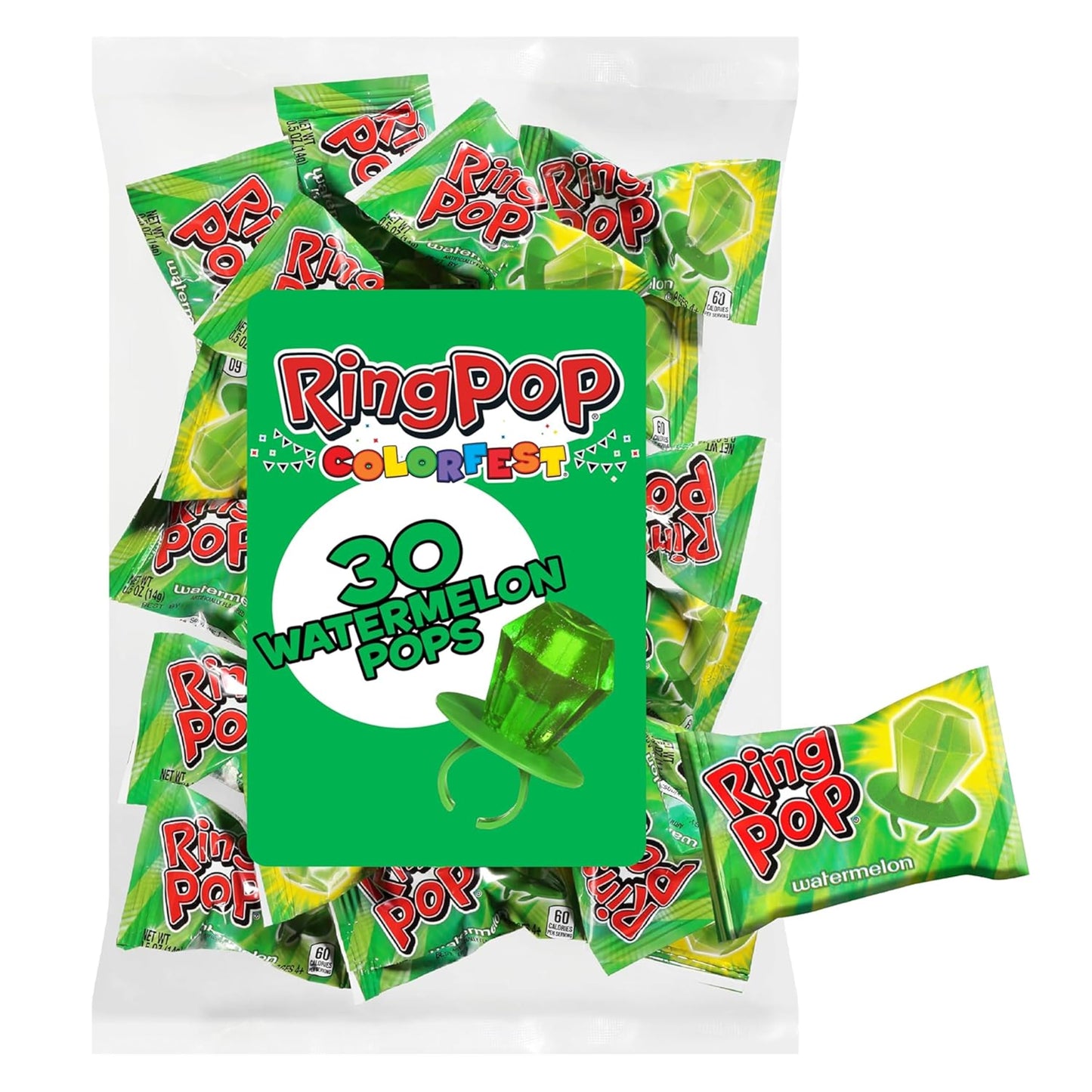 Ring Pop Individually Wrapped Green Watermelon 30 Count Bulk Lollipop Pack - Watermelon Flavored Lollipop Suckers - Fun Candy Bulk For Party Favors
