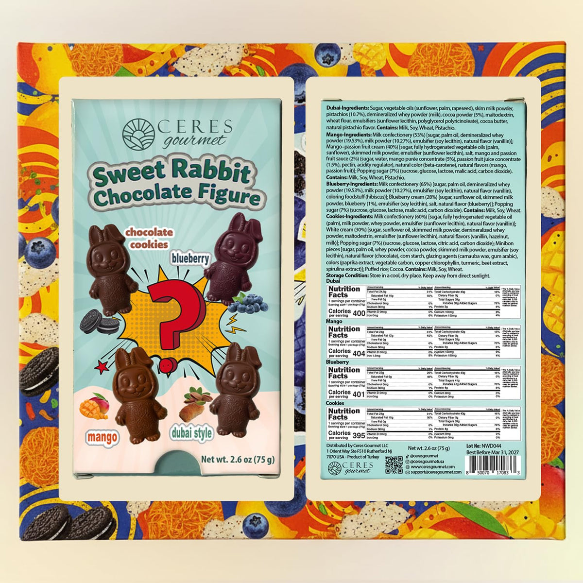 Ceres Gourmet Surprise Dubai Chocolate Bar, 1 pack Mysterious Cookies or Mango or Blueberry or Pistachio Kataifi Flavored Stuffed Sweet Rabbit