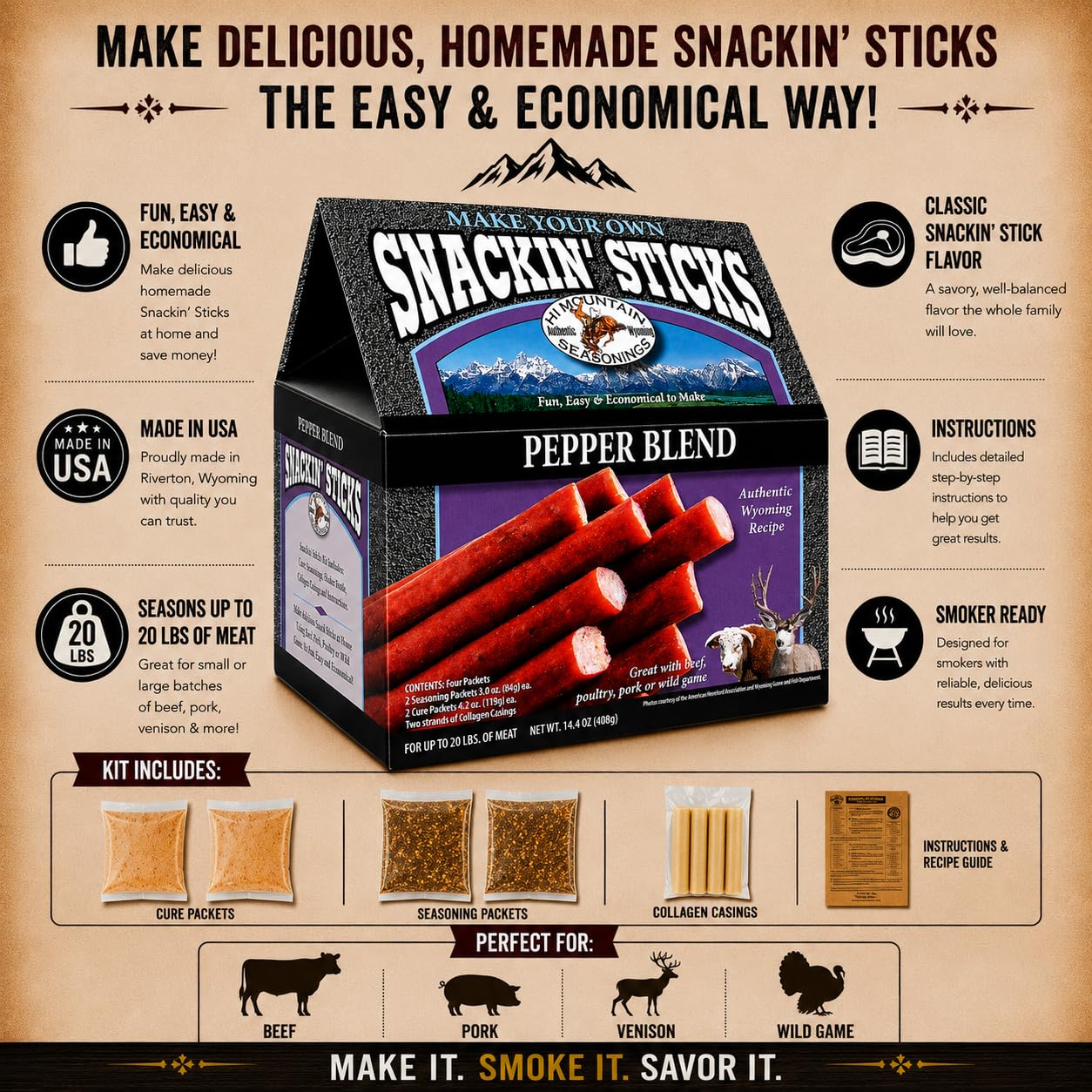 Hi Mountain Seasonings ? Snack Stick Seasoning Kit ? PEPPER BLEND ? Includes Seasoning, Cure, Casings, & Directions ? Seasons up to 20 lbs of Meat ?