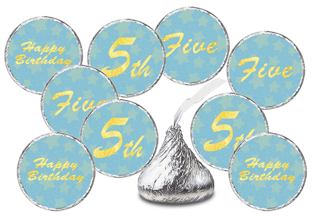 5th Birthday Kisses Stickers, Five Blue Kiss Labels for Boy Happy Birthday Party, Chocolate Drop Tabletop Decorations, Candy Not Included. Made in USA