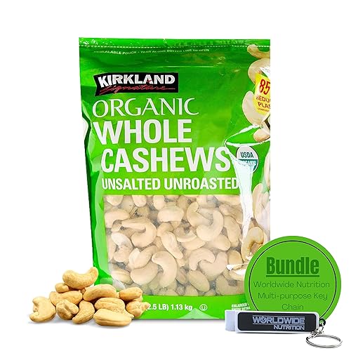 Worldwide Nutrition Bundle: Kirkland Signature Organic Whole Cashews Unsalted Unroasted - Perfect for Snacking, Cooking, and Gifting - 40 Ounce Cashew