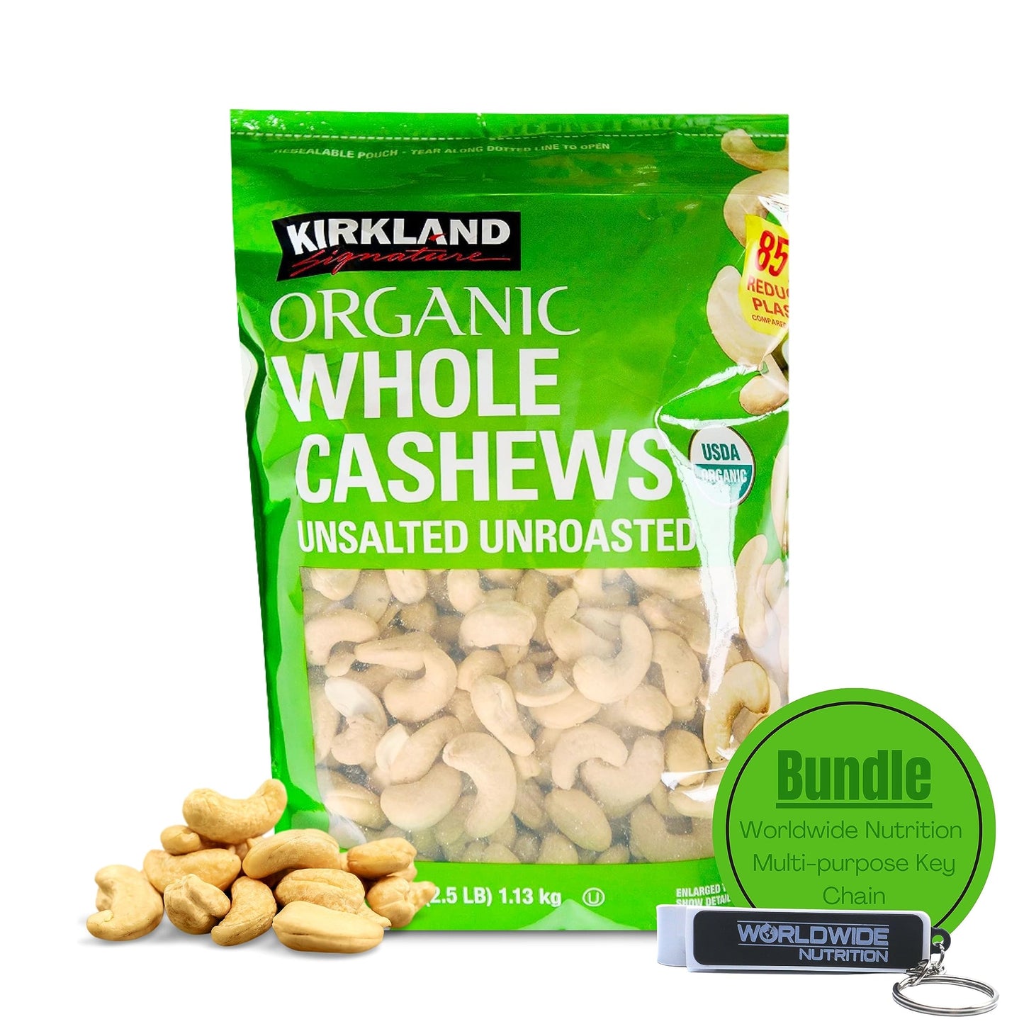 Worldwide Nutrition Bundle: Kirkland Signature Organic Whole Cashews Unsalted Unroasted - Perfect for Snacking, Cooking, and Gifting - 40 Ounce Cashew