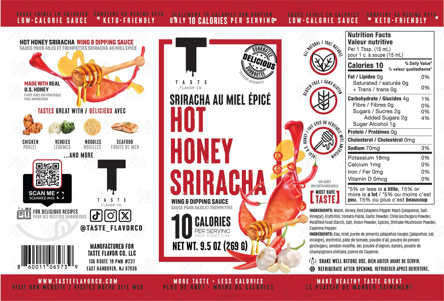 Taste Flavor Co. Wing Sauce and Marinade, Great Tasting, Keto Friendly, Low-Calorie Sauce (Hot Honey Sriracha)