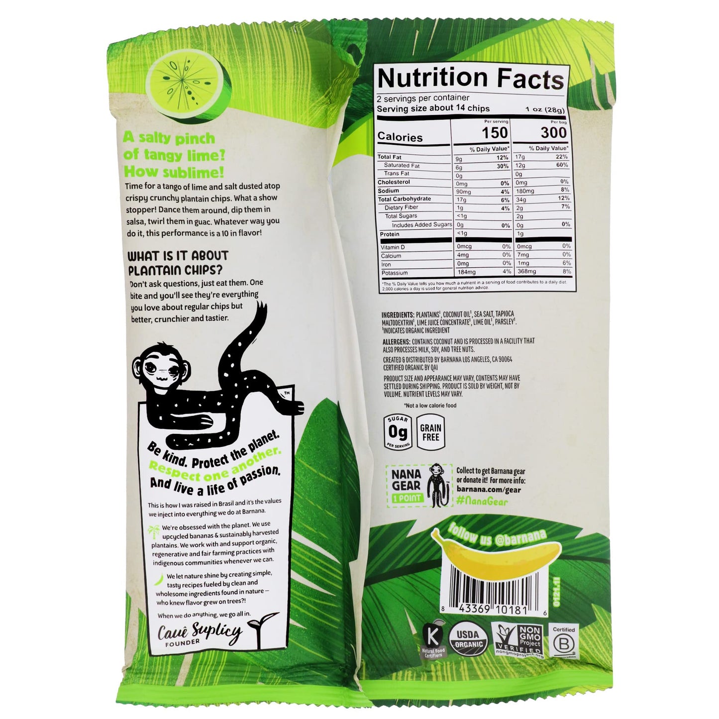 Barnana - Organic Plantain Chips, Acapulco Lime, Healthy Snack Made With 100% Coconut Oil, Non-GMO, Potato Chip Alternative, Zero Sugar, Paleo