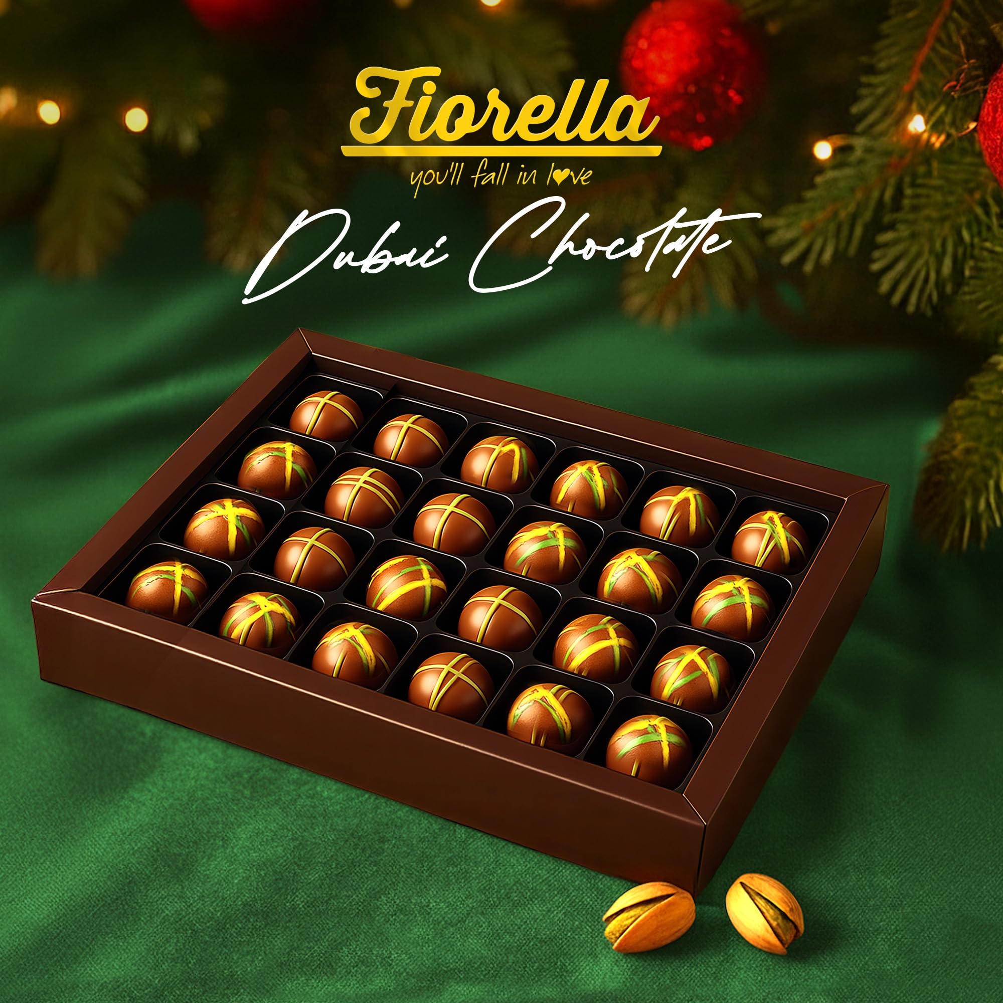 Fiorella Dubai Chocolate Gift Box, 24 Count, Premium Gourmet Milk Chocolate with Pistachio, Butter & Crispy Knafeh, Food Gifts for Holiday Gift