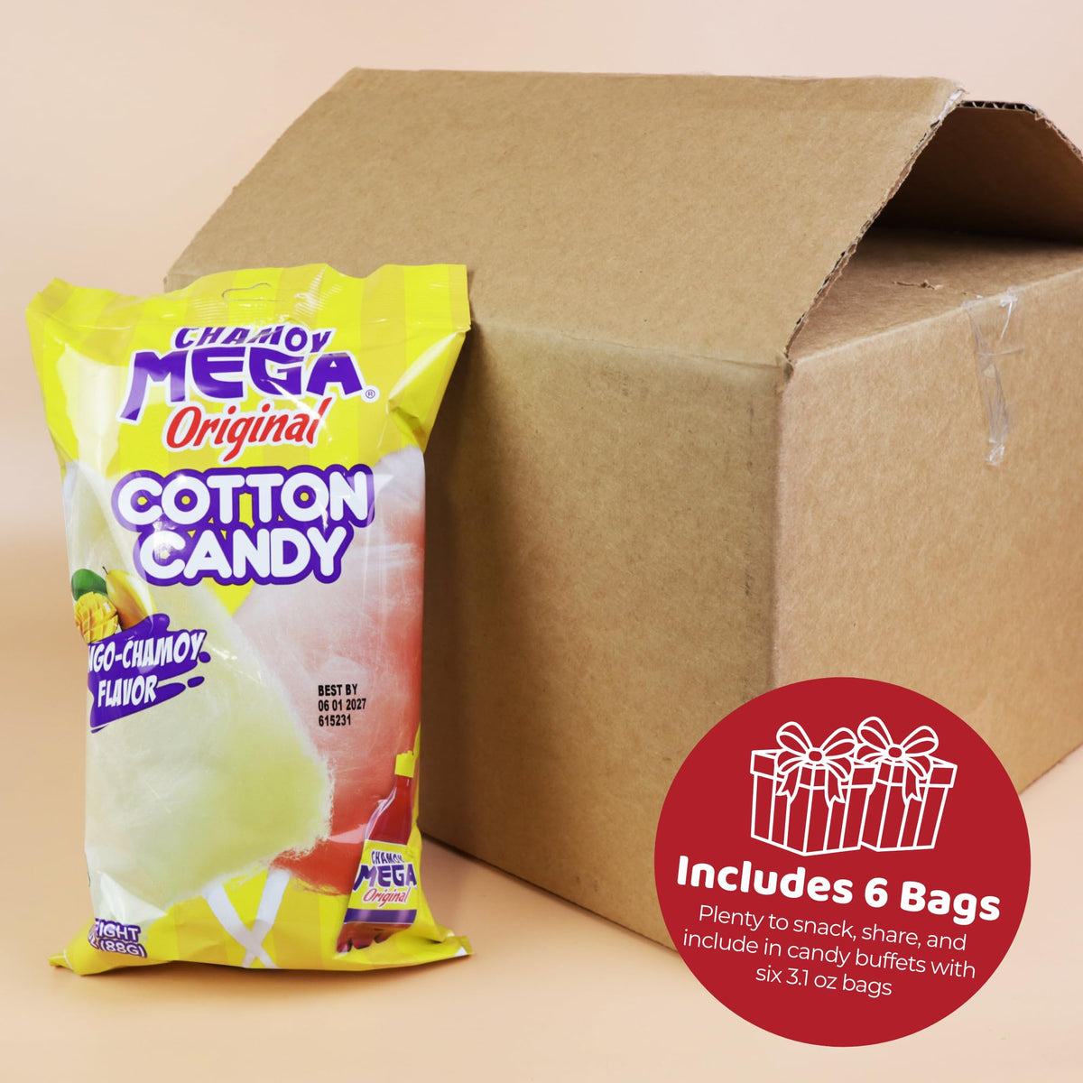 Mango Chamoy Cotton Candy, Sweet and Spicy Sugar Floss, Individually Wrapped Treats, 3.1 Ounces Each (Pack of 6)