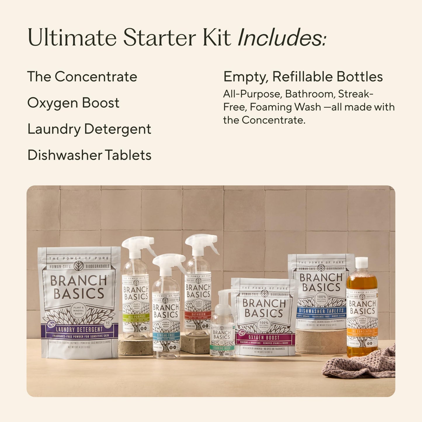 Branch Basics Ultimate Starter Kit: Natural All Purpose Cleaner, Glass, Bathroom, Foaming Hand Wash (4 Plastic Bottles + Concentrate + Oxygen Boost)