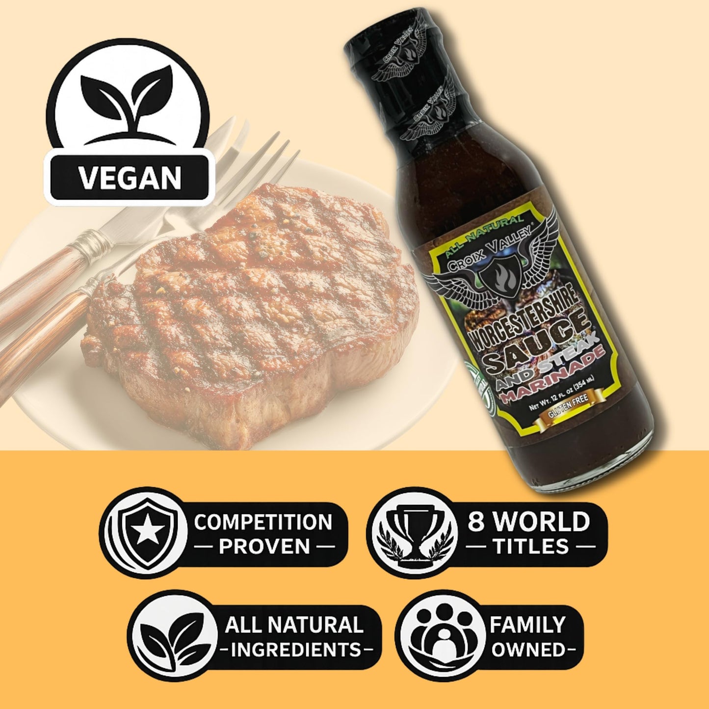 Croix Valley Worcestershire Sauce & Steak Marinade - 3 Pack (12 oz Glass Bottles) - Rich Umami with Savory Tang - Gluten-Free, No MSG, No High