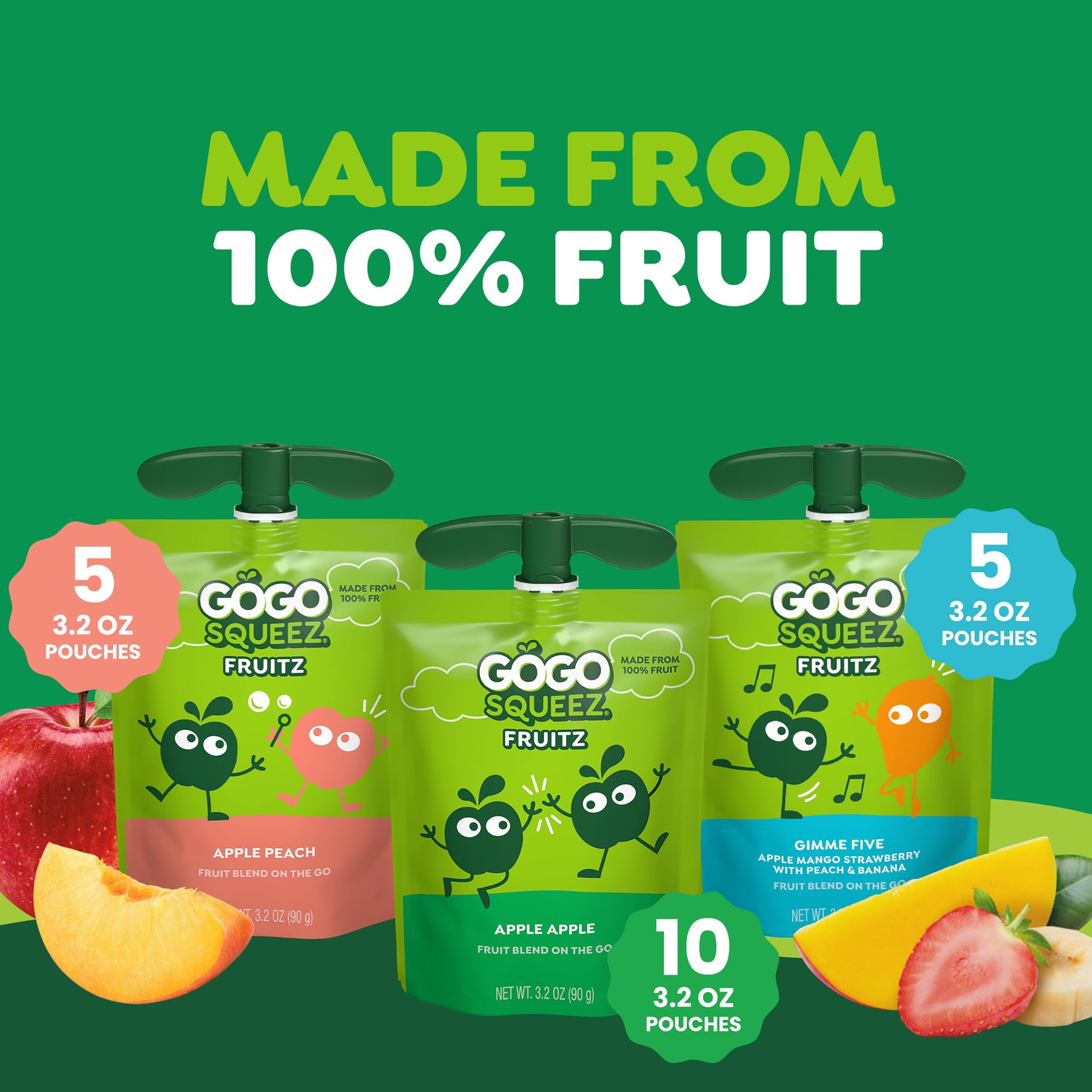 GoGo squeeZ Applesauce and Fruit Puree Variety Pack, Apple, Peach & Gimme Five!, 3.2 oz (Pack of 20), Unsweetened Fruit Snacks for Kids, Gluten Free
