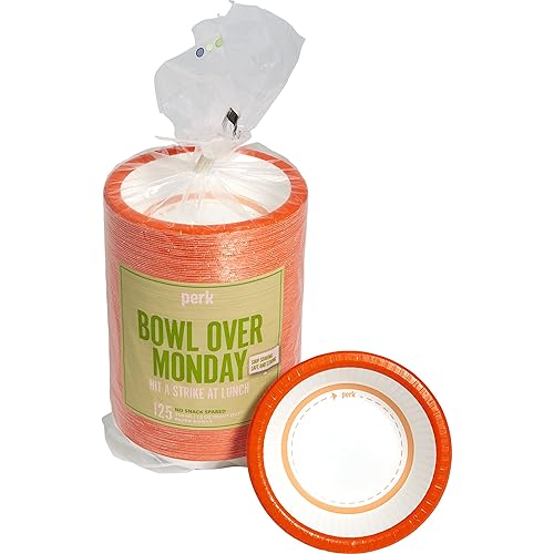 Perk Heavy?Weight Paper Bowls, 12 Oz, 125 Count Bulk Disposable Bowls for Soups, Snacks & Everyday Meals, White/Orange