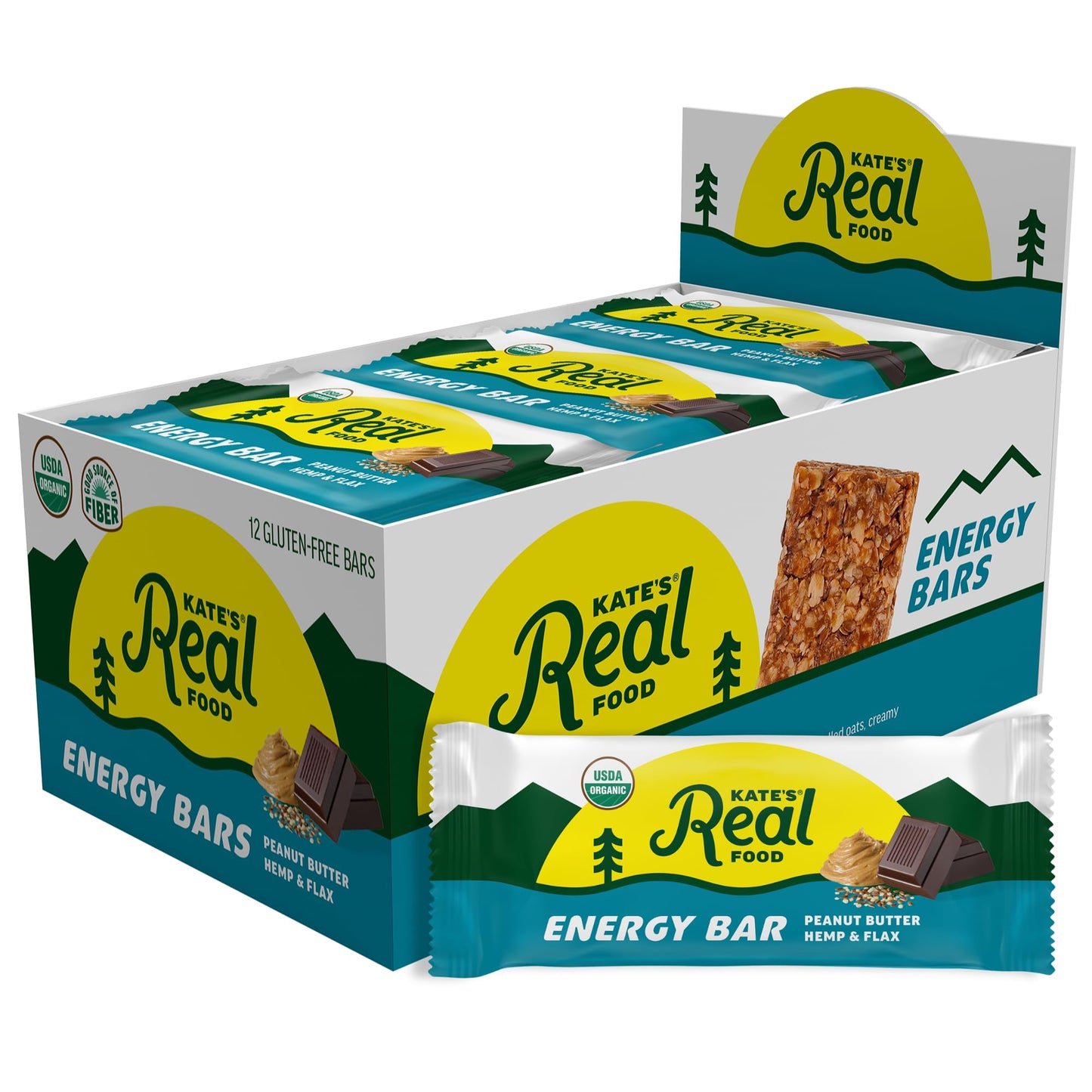 Kate’s Real Food Organic Granola Bars - Peanut Butter Hemp & Flax (2.2 oz, Pack of 12) - Organic Energy Bars Made with Gluten Free Oats - Non GMO, Soy