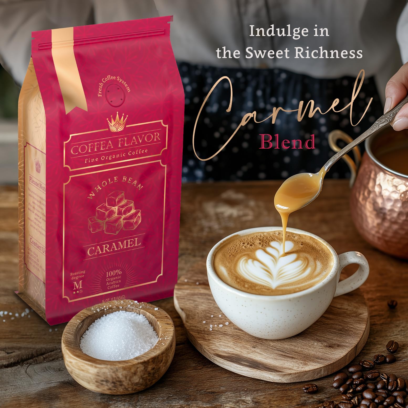 Caramel Flavored Whole Bean Coffee, Organic Medium Roast, 100% Arabica, Single Origin Dominican, Naturally Flavored, No Added Sugar, 16 oz, by Coffea