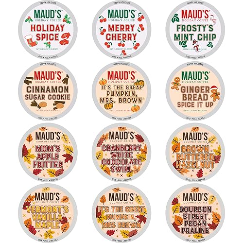 Maud’s Holiday & Fall Flavored Coffee Pods Variety Pack Bundle, 48ct, 11 Assorted Seasonal Flavors, Medium Roast Coffee in Single Serve Pods 100%