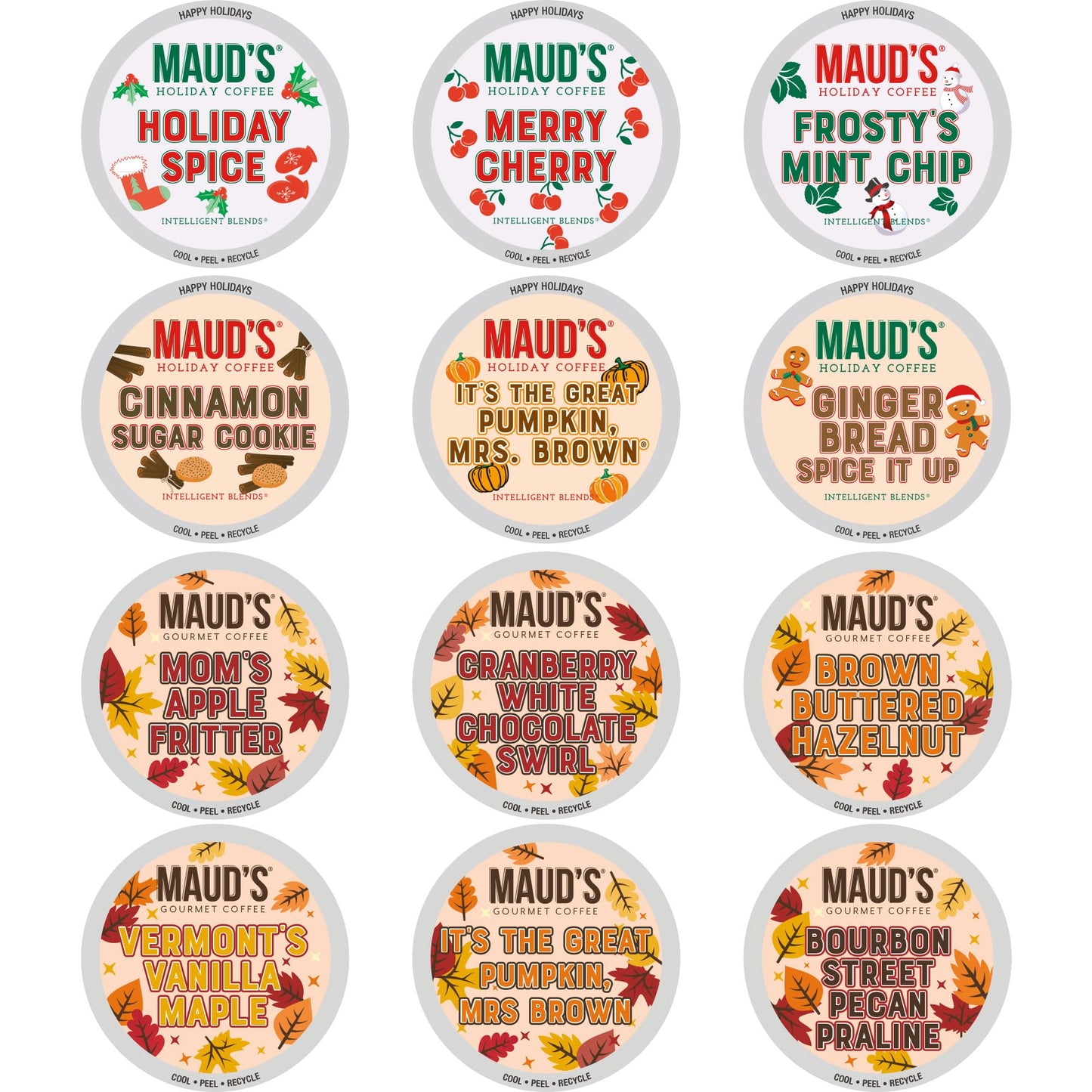 Maud’s Holiday & Fall Flavored Coffee Pods Variety Pack Bundle, 48ct, 11 Assorted Seasonal Flavors, Medium Roast Coffee in Single Serve Pods 100%