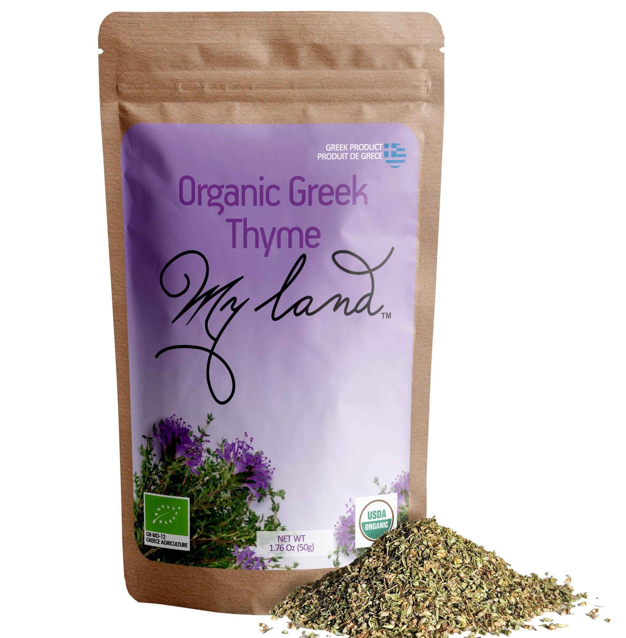 My Land Organic Dried Thyme Leaves - Greek Mountain Thyme from Mt. Olympus | USDA Organic Mediterranean Herb for Tea & Seasoning, 1.76 oz (50 g)