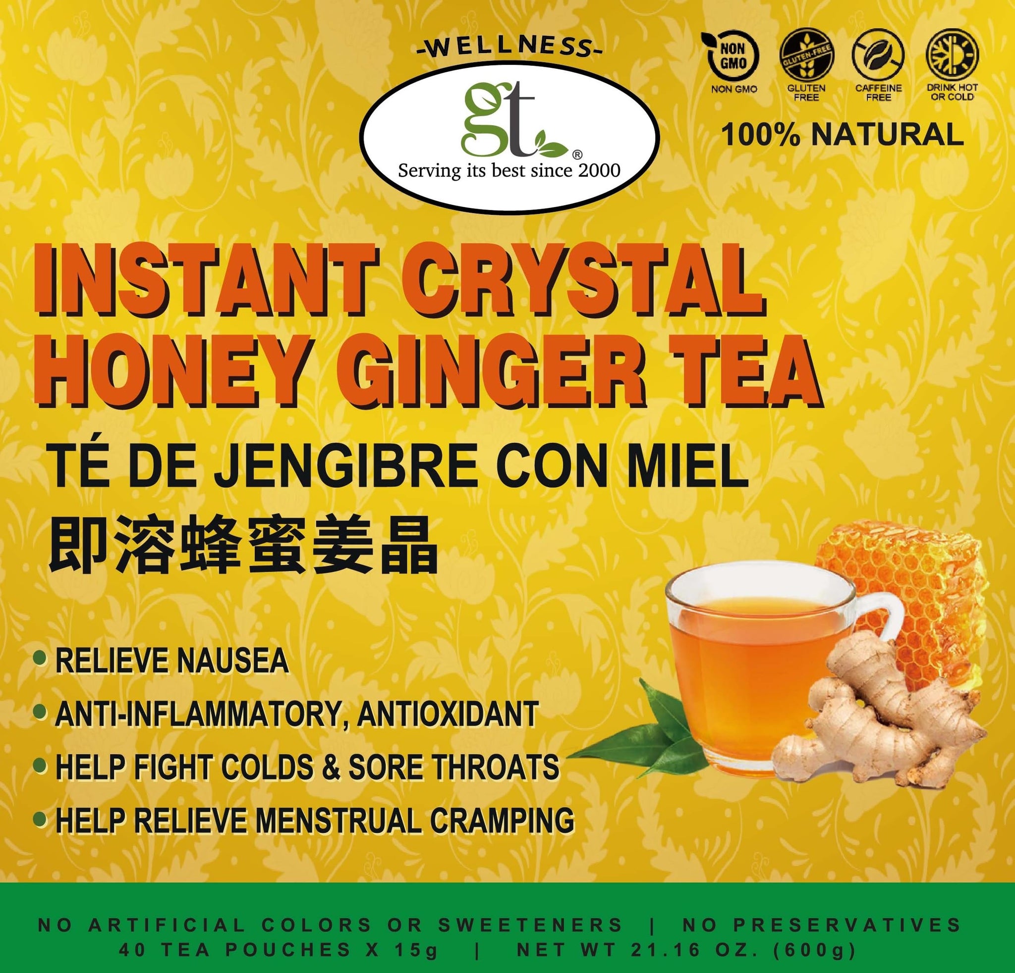 GT Instant Crystal Honey Ginger Tea Care Package, 21.18 Ounce Box (40 Tea Pouches)