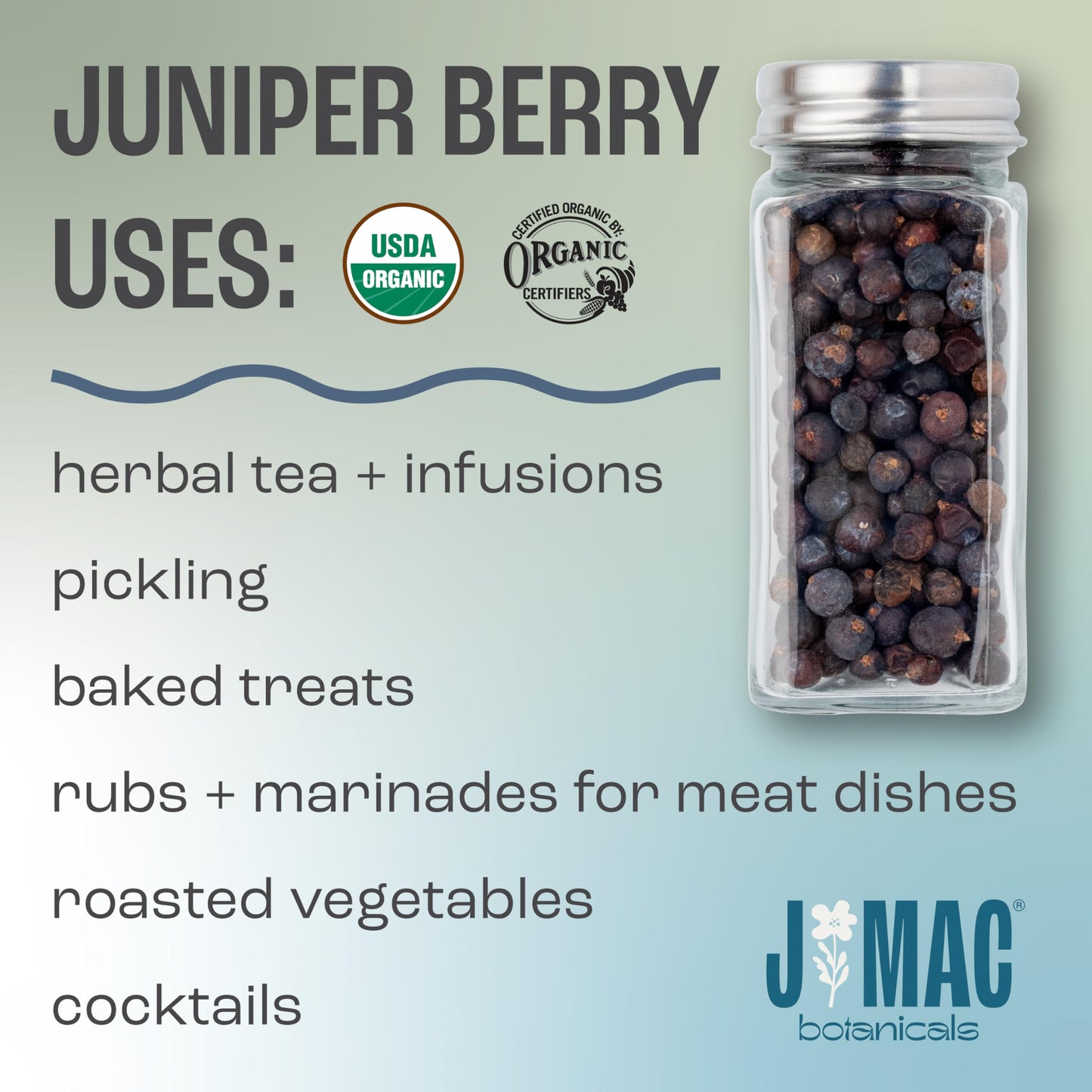 J MAC BOTANICALS, Organic Whole Juniper Berries, Certified Organic, juniper for herbal infusions, cooking and seasoning beef, pork, turkey brine