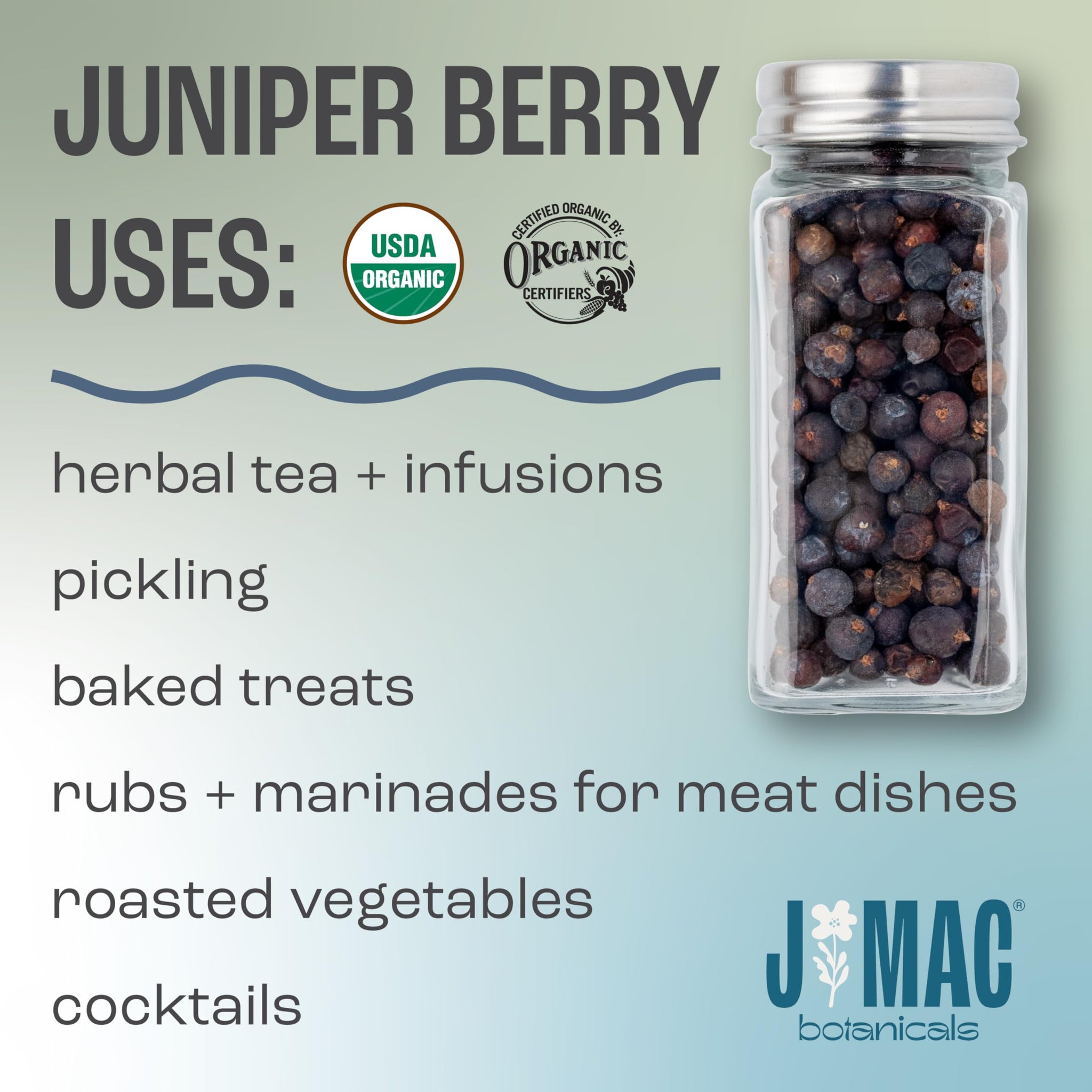 J MAC BOTANICALS, Organic Whole Juniper Berries, Certified Organic, juniper for herbal infusions, cooking and seasoning beef, pork, turkey brine