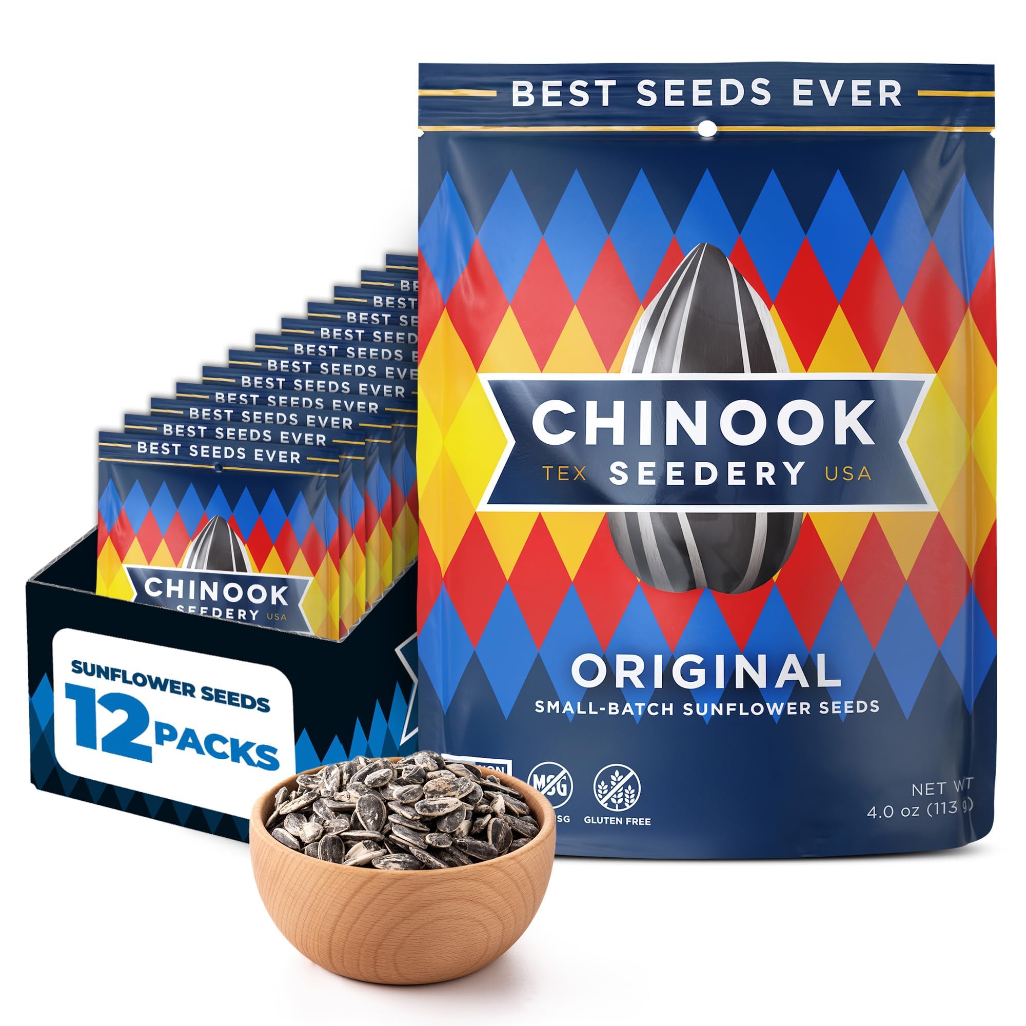 Chinook Seedery Sunflower Seeds to Eat - Jumbo, Flavored, Roasted, Low Sodium Snacks - Keto Friendly, Gluten-Free, Non-GMO - Original Flavor 4 oz