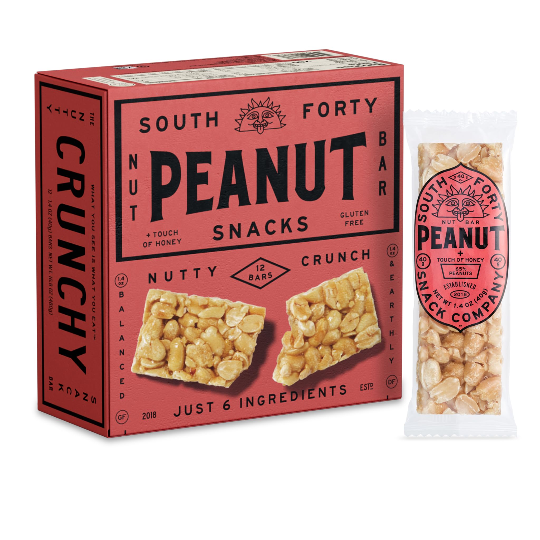 South 40 Snacks Crunchy Nut Bars, Peanut Bar, 40g (Pack of 12)