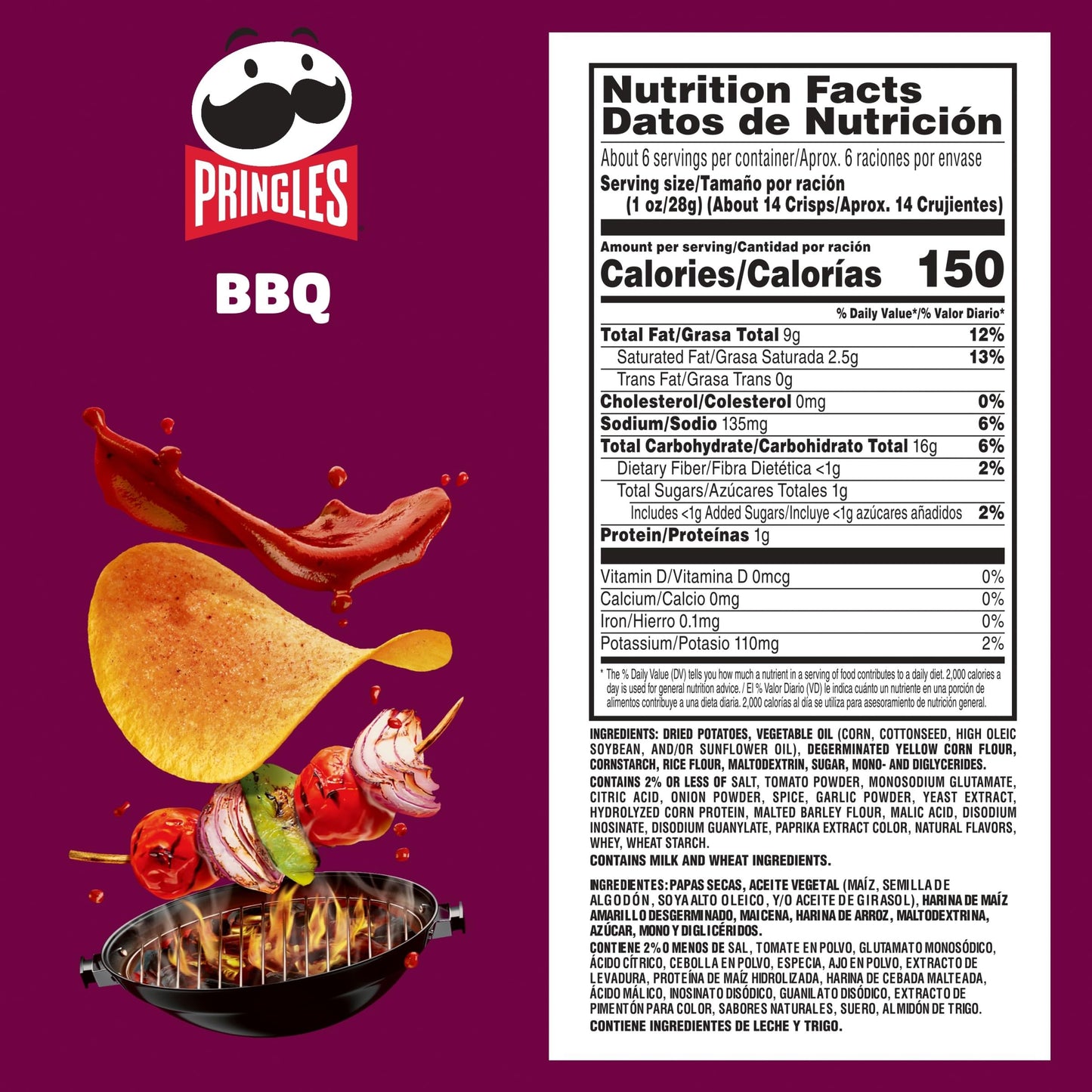 Pringles Potato Crisps Chips, Lunch Snacks, On-The-Go Snacks, BBQ, 5.5oz Can (1 Can)